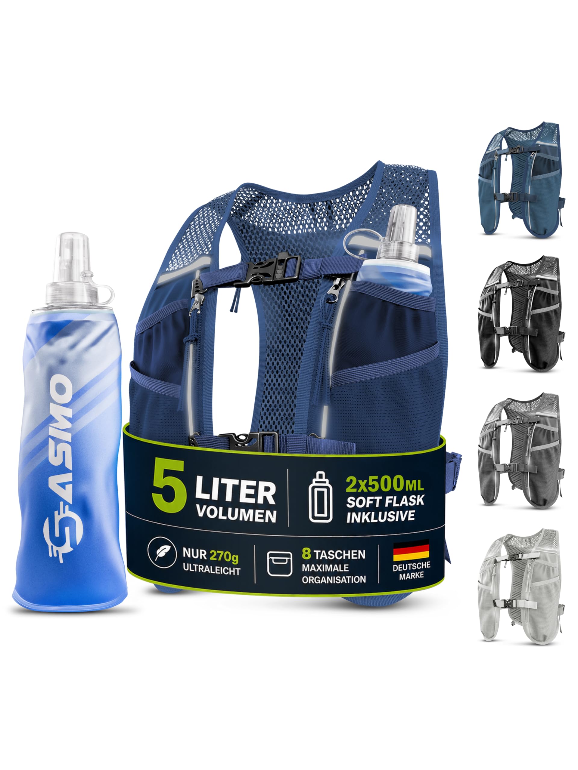SASMO® Laufweste Damen & Herren 5L / 2L | Running Vest - Ultraleicht & atmungsaktiv| Laufrucksack Damen - 8 Taschen | Laufweste Herren | Trinkweste Laufen