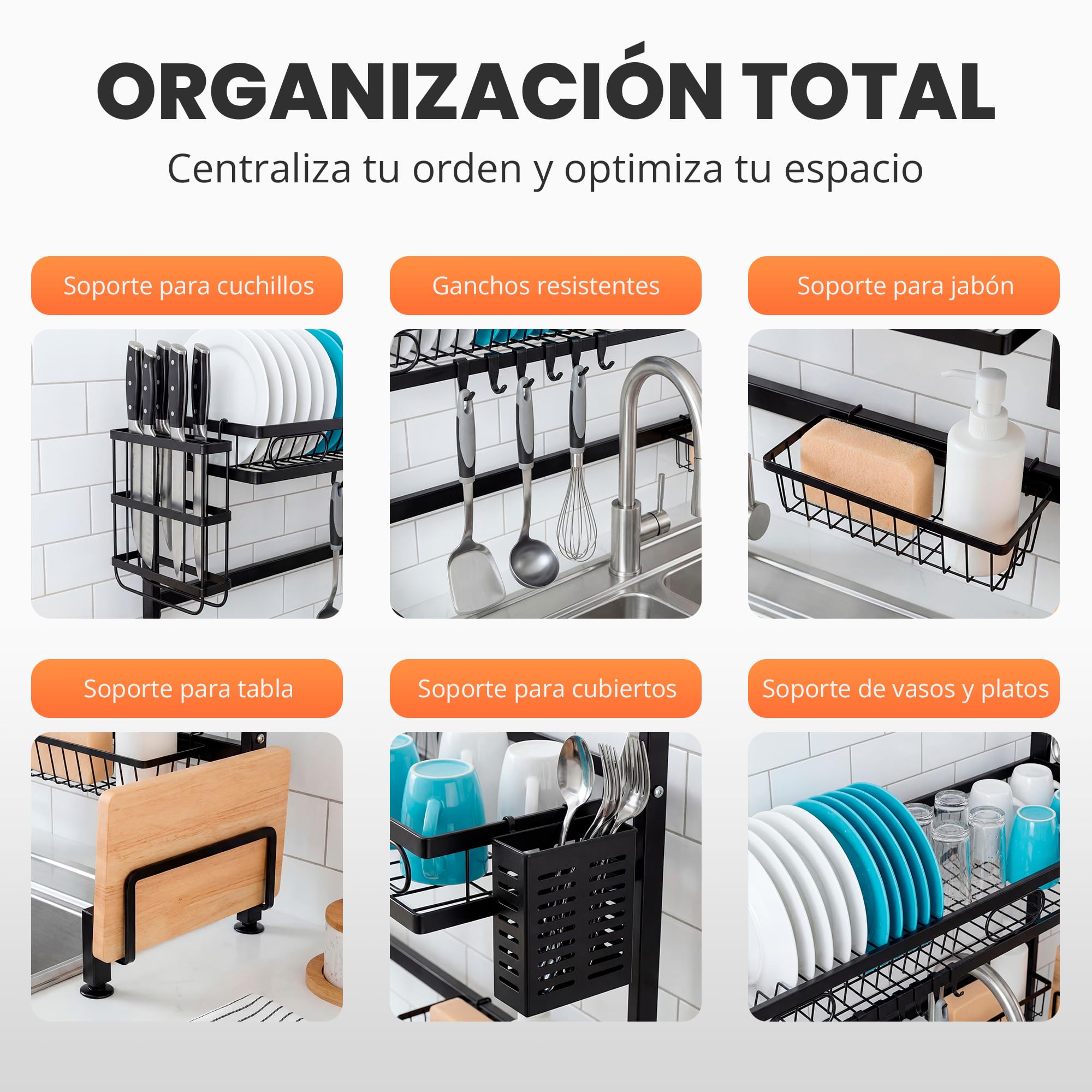 JUPPLIES Escurreplatos sobre Fregadero 2 Niveles 85x30x52,5cm – Escurridor de Platos de Acero Inoxidable con Soporte para Cubiertos, Tabla de Cortar y Ganchos – Escurre Platos Antideslizante Negro