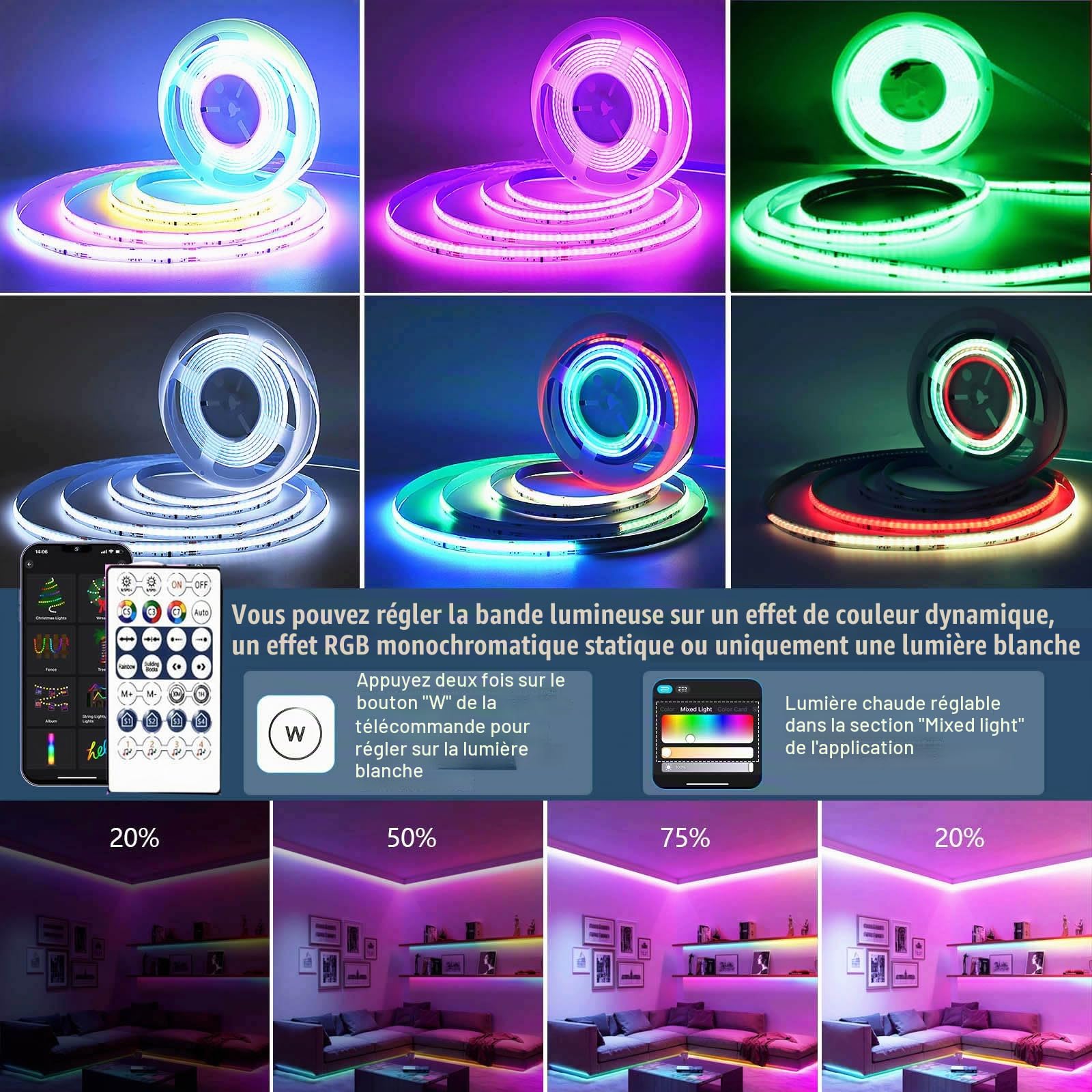 10M COB Wifi Ruban Led,Led Chambre RGBW+IC 576led/M DC24V, Led Ruban Bande Led RGBWIC Dynamique Multicolore fonctionne avec Google Home assistant/Alexa,LED bande avec Télécommande