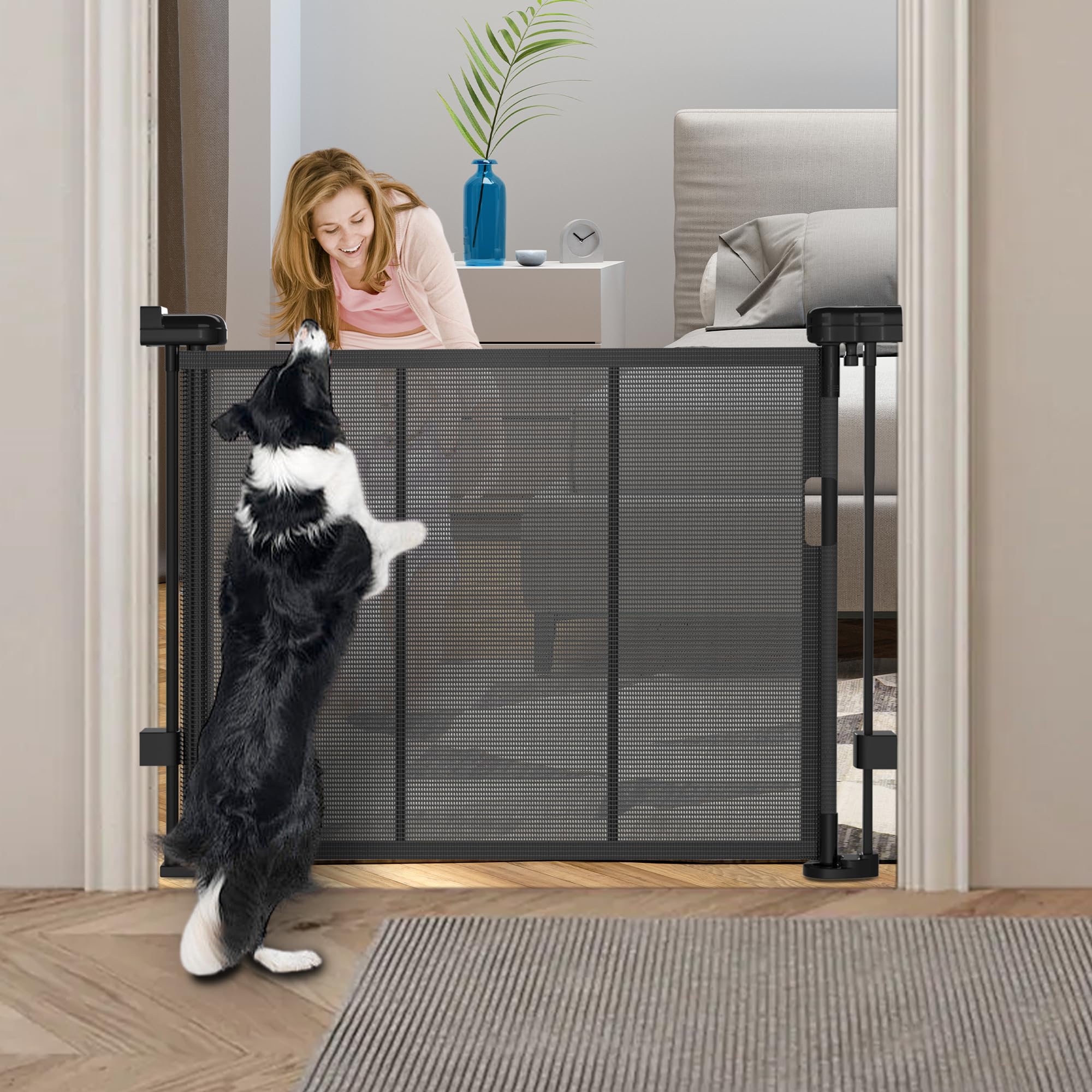 Retractable Baby Gates, Extra Wide Baby Gate for Stairs, Extra Long Child Gates for Large Openings, Mesh Baby Gate, Dog Gate for Doorways, Expandable Baby Gates (Black, 33" Tall x 55" Wide)