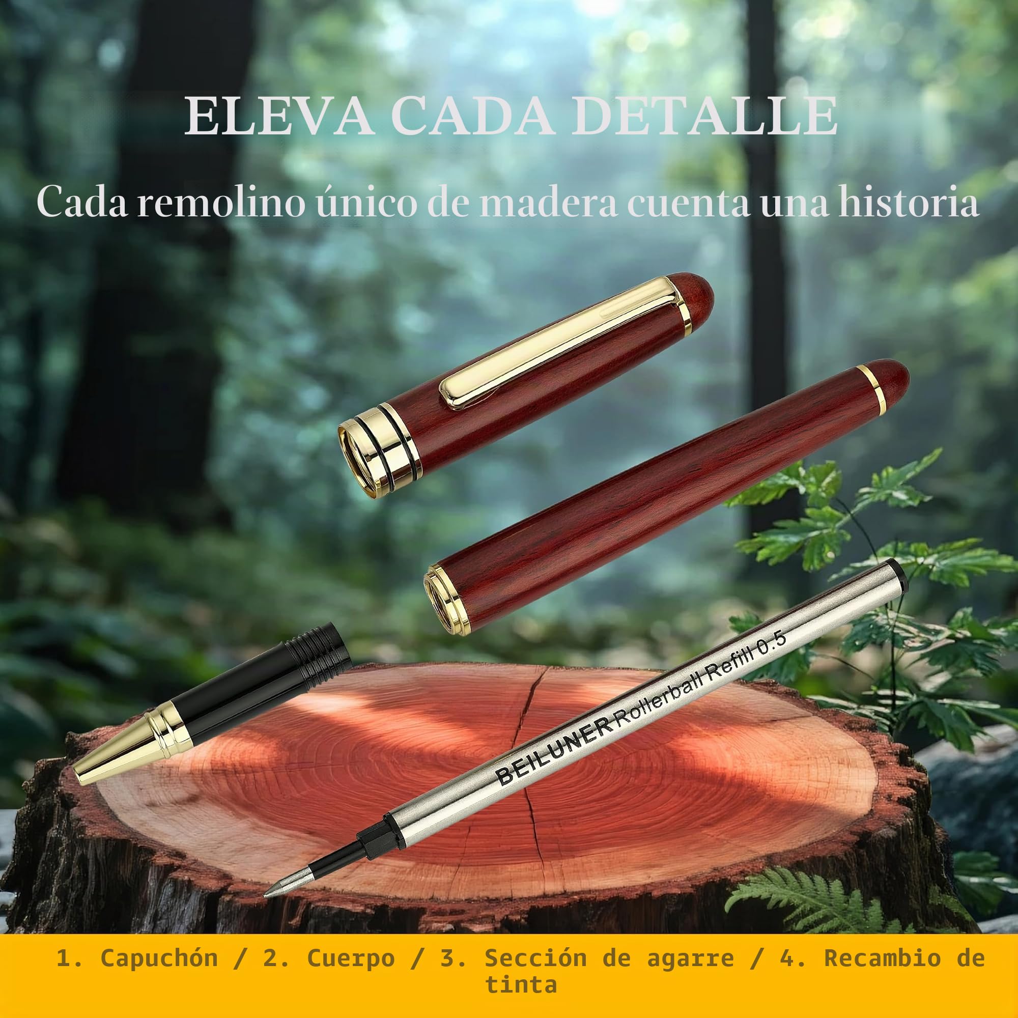 BEILUNER Set de Bolígrafos de Lujo de Madera de Palisandro - Elegante para Firma y Oficina Ejecutiva - Incluye Caja de Regalo y Recambios (Negro)
