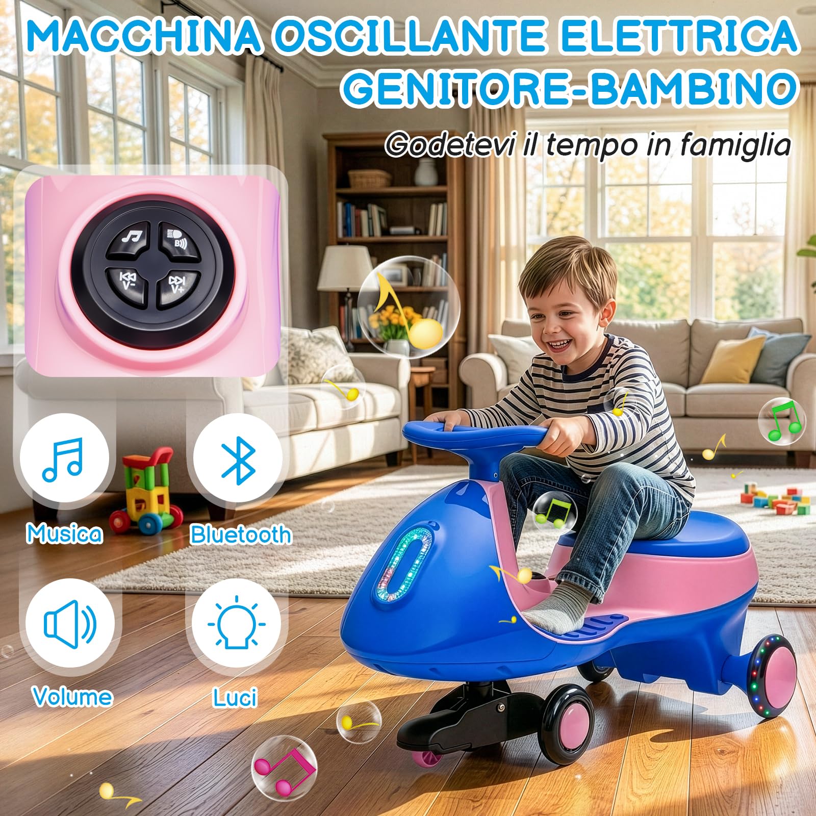 LALAHO Macchina Elettrica Per Bambini 12 V con Pedale, Auto Elettrica con 2 Velocità, Luci LED, Bluetooth, Protezione Antiribaltamento, 3 Anni in su (Blu-rosa)