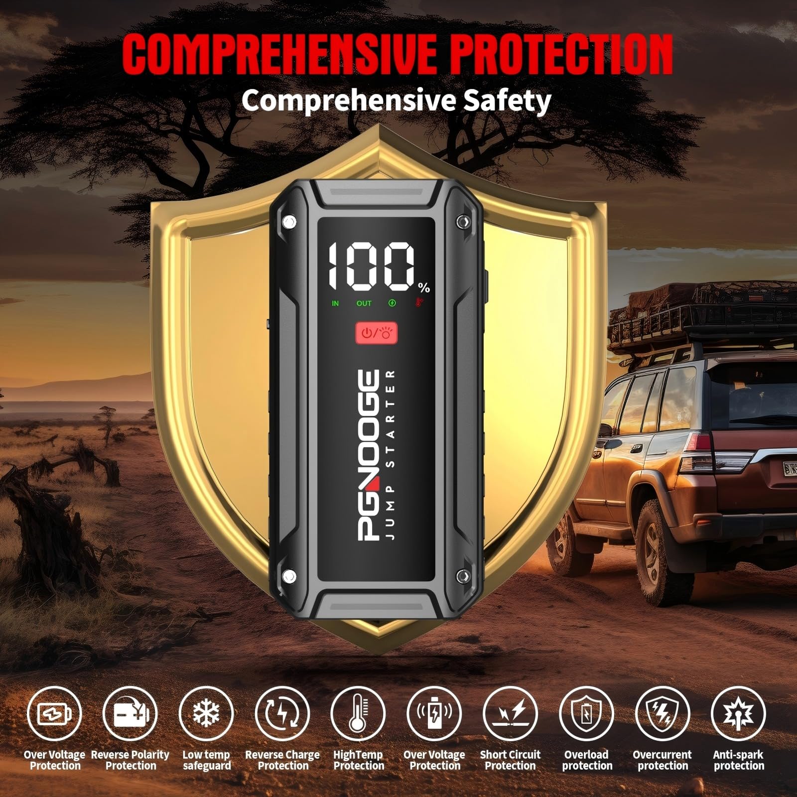 26800 mAh 6000 A Urządzenia Rozruchowe Wspomagające Akumulatory Samochodowe (do ALL benziny / 10 l oleju napędowego), Uruchamiania z Mocą i Wyjściem USB, Duży Wyświetlacz LCD