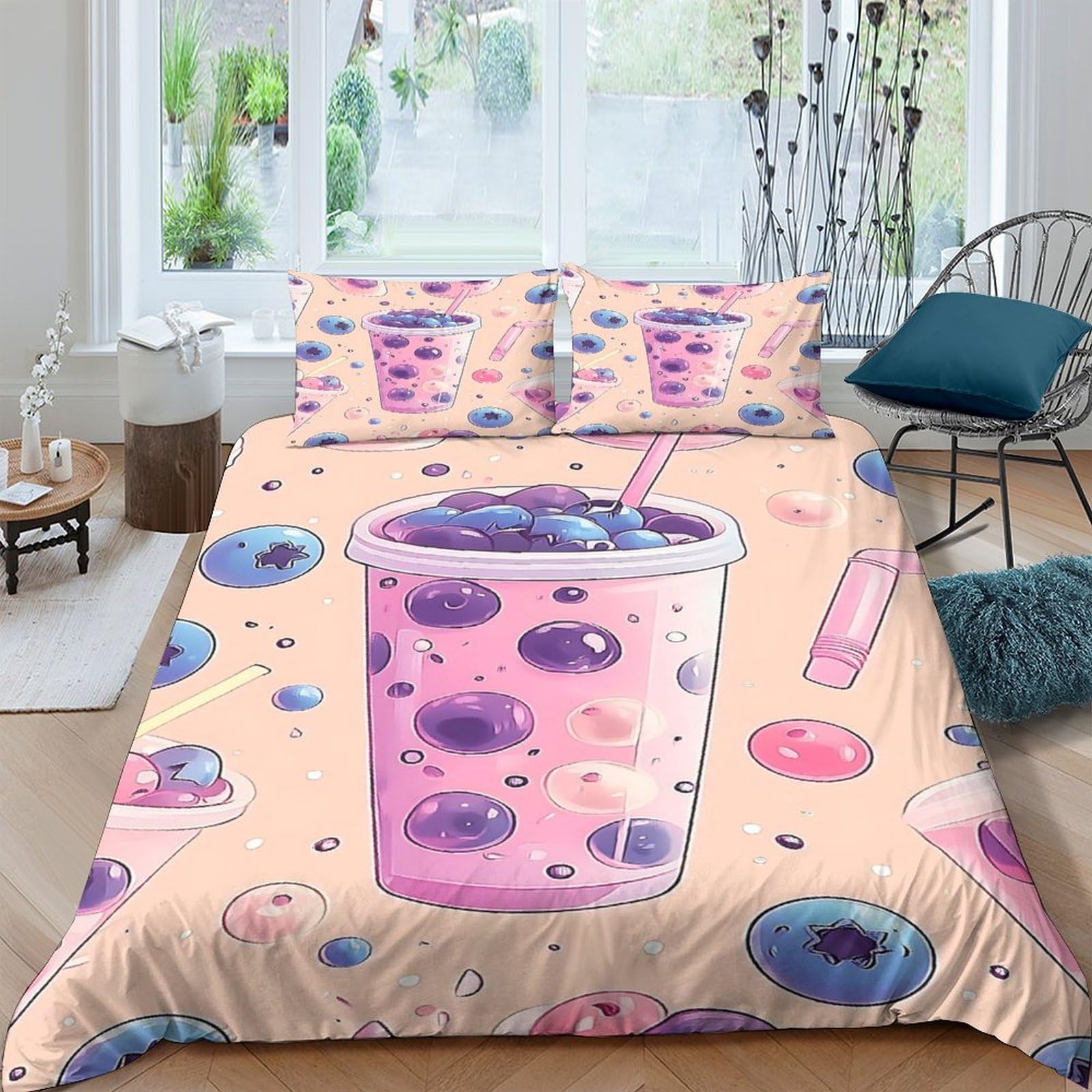 Ctjqhvkz Style-9 3D Printed Bubble Tea Fitted Sheet Microfiber Pink Purple Bedroom Dorm Bed Cover Decorative Washable Single（135X200cm）