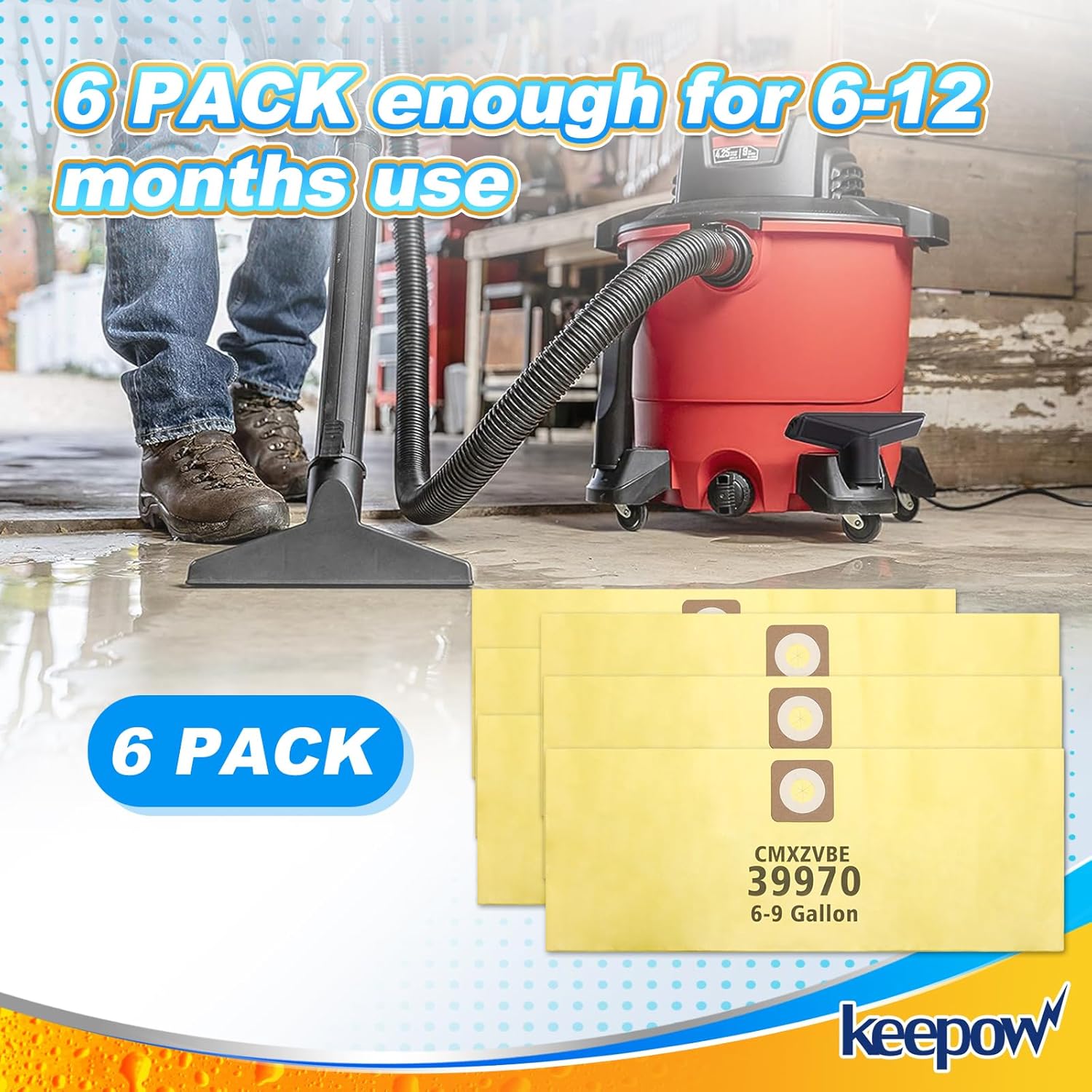 KEEPOW 39970 Shop Vac Bags for Craftsman 6 and 9 Gallon Wet/Dry Vac CMXEVBE17584, CMXEVBE17590, CMXEVBE18590, CMXEVBE18690, CMXEVBE17155, Replace Part CMXZVBE39970, Fine Dust Bag