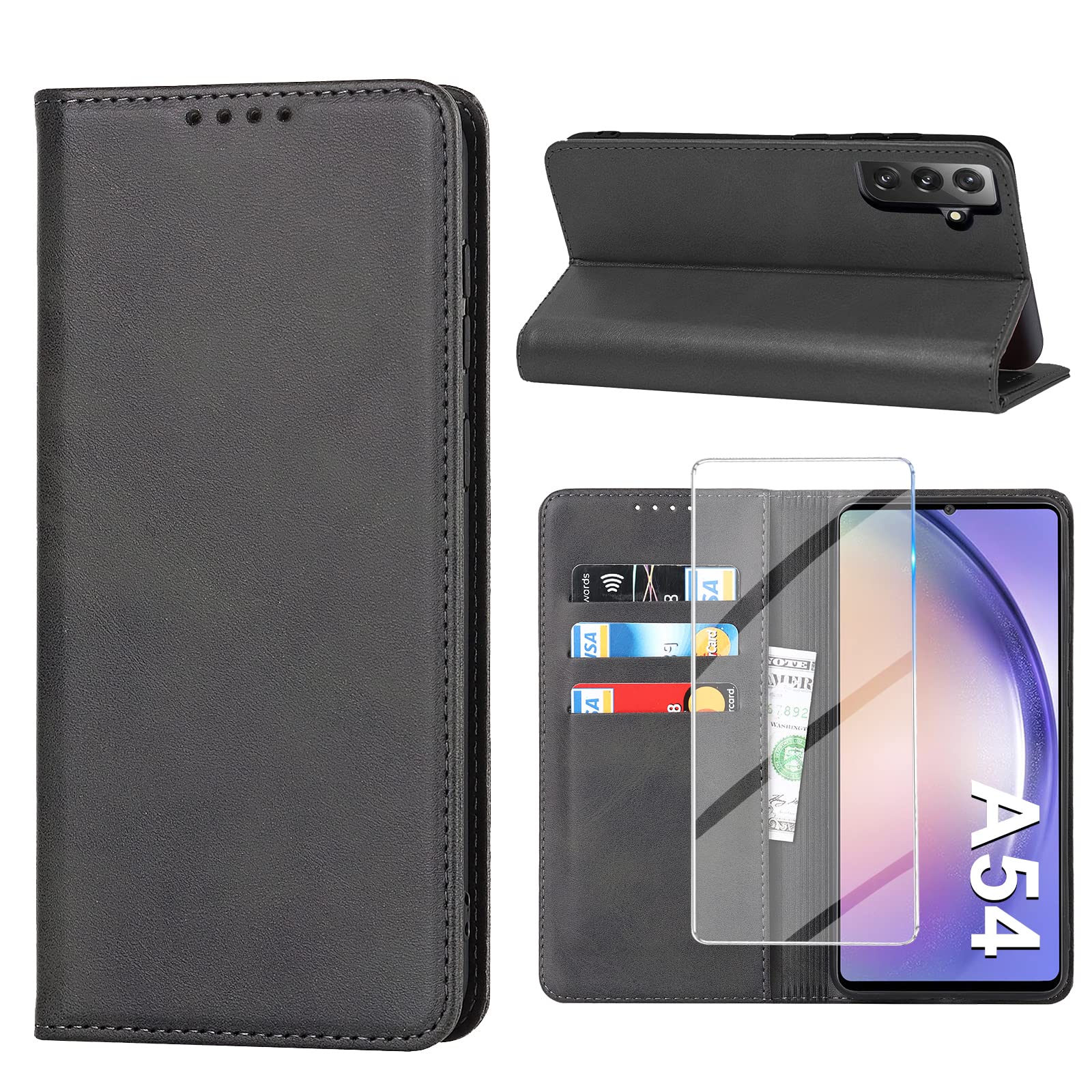 Vaki Handyhülle für Samsung Galaxy A54 5G Hülle mit Panzerglas Schutzfolie, Schutzhülle A54 Leder Wallet Kartenfach Standfunktion Stoßfest Klapphülle Hüllen Galaxy A54 6.4" Zoll Case Cover (Schwarz)