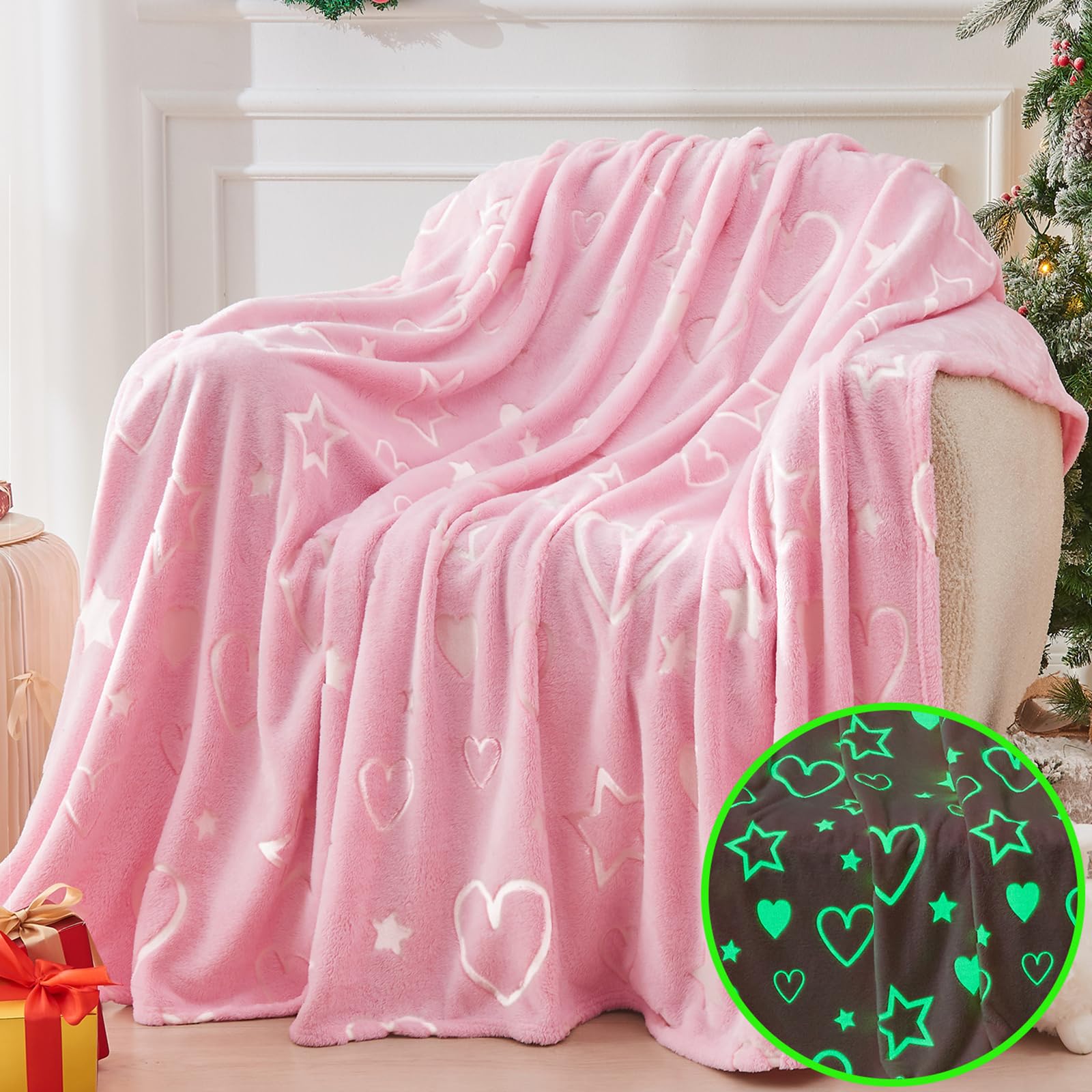 inhand Birthday Gifts Toys for Girl Pink Heart Glow in The Dark Blanket Personalized Throw Blanket Cute Kids Blanket Soft Fleece Throw Blanket Valentines Day Gifts for Kids?50x60 Pink Heart?