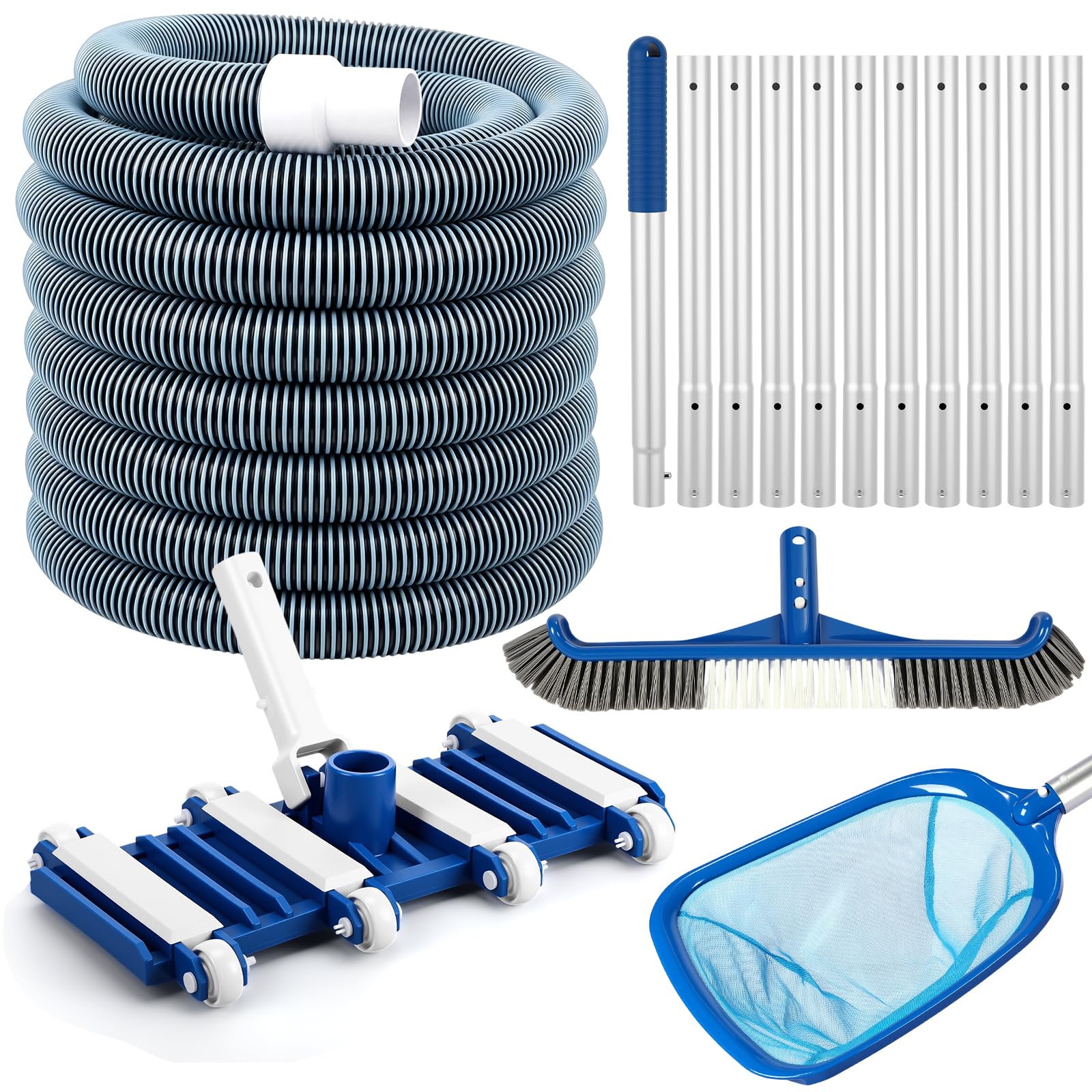 Kit d'aspirateur de piscine 5 pièces comprenant un tuyau de 2,5 à 1,3 cm x 9 m avec tête d'aspiration à roue pivotante, un poteau réglable, une brosse de 44,5 cm et un filet d'écumoire pour