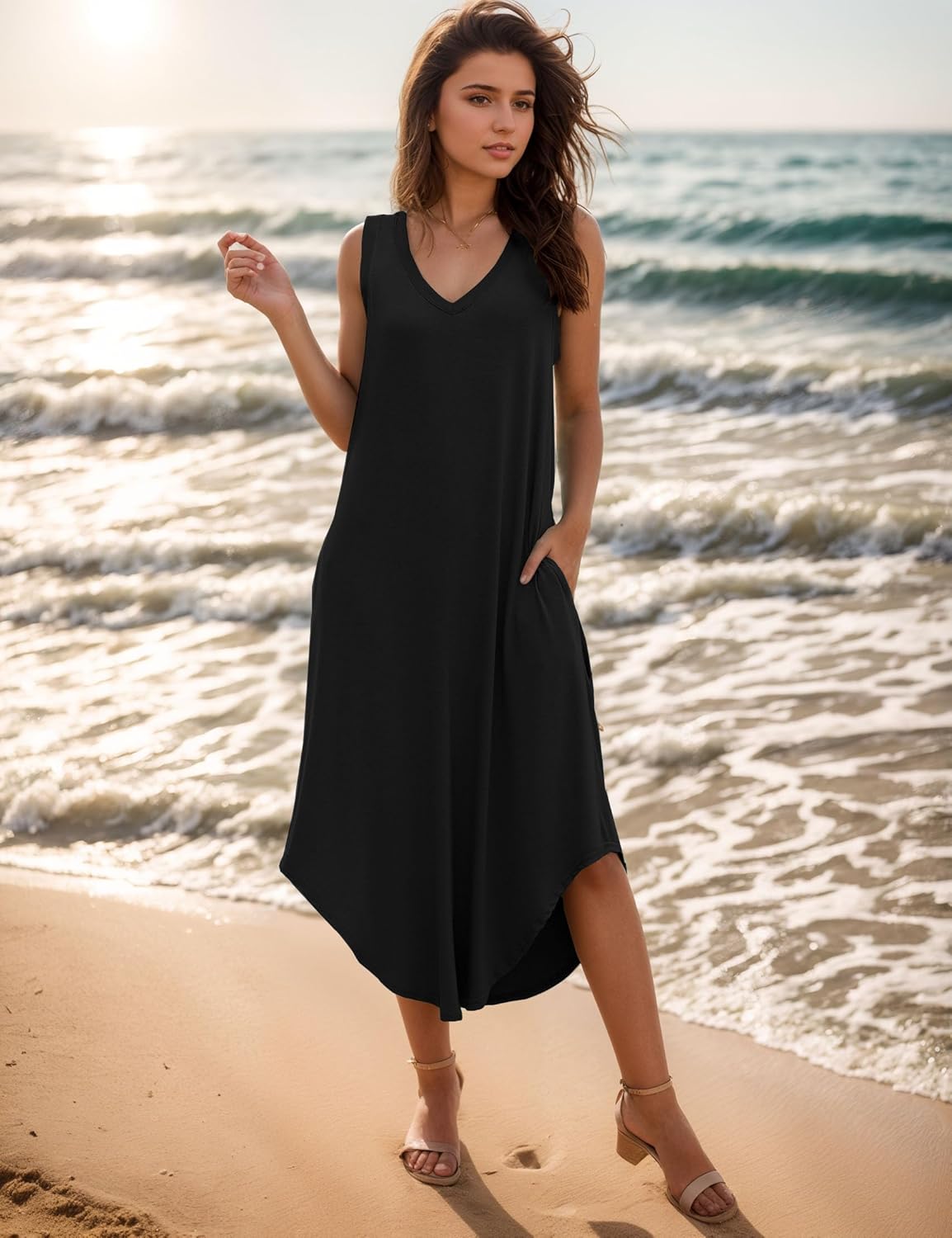 Women's Summer Dresses Casual Sleeveless Maxi Dresses V Neck Loose Sundress Long Dress with Pockets - Image 3