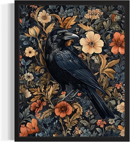 Póster impreso artístico de cuervo, estilo William Morris, estilo retro, de mediados de siglo, botánico, victoriano, oscuro, academia, gótico,