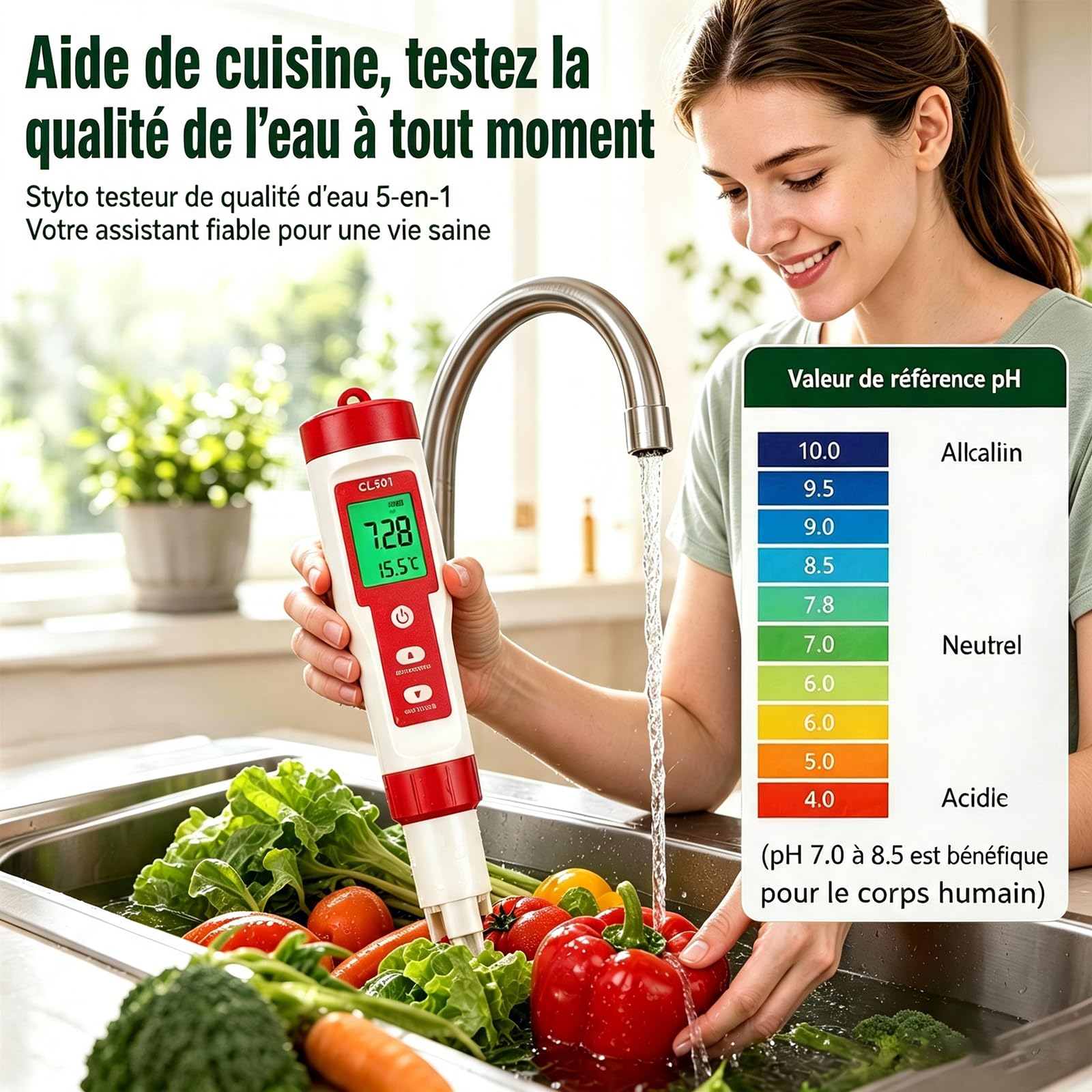 Testeur de pH et de chlore de piscine, testeur de pH numérique 5 en 1, pH chlore ORP H2 mesurable, testeur d'eau pour piscines, hydroponiques, aquariums, eau potable