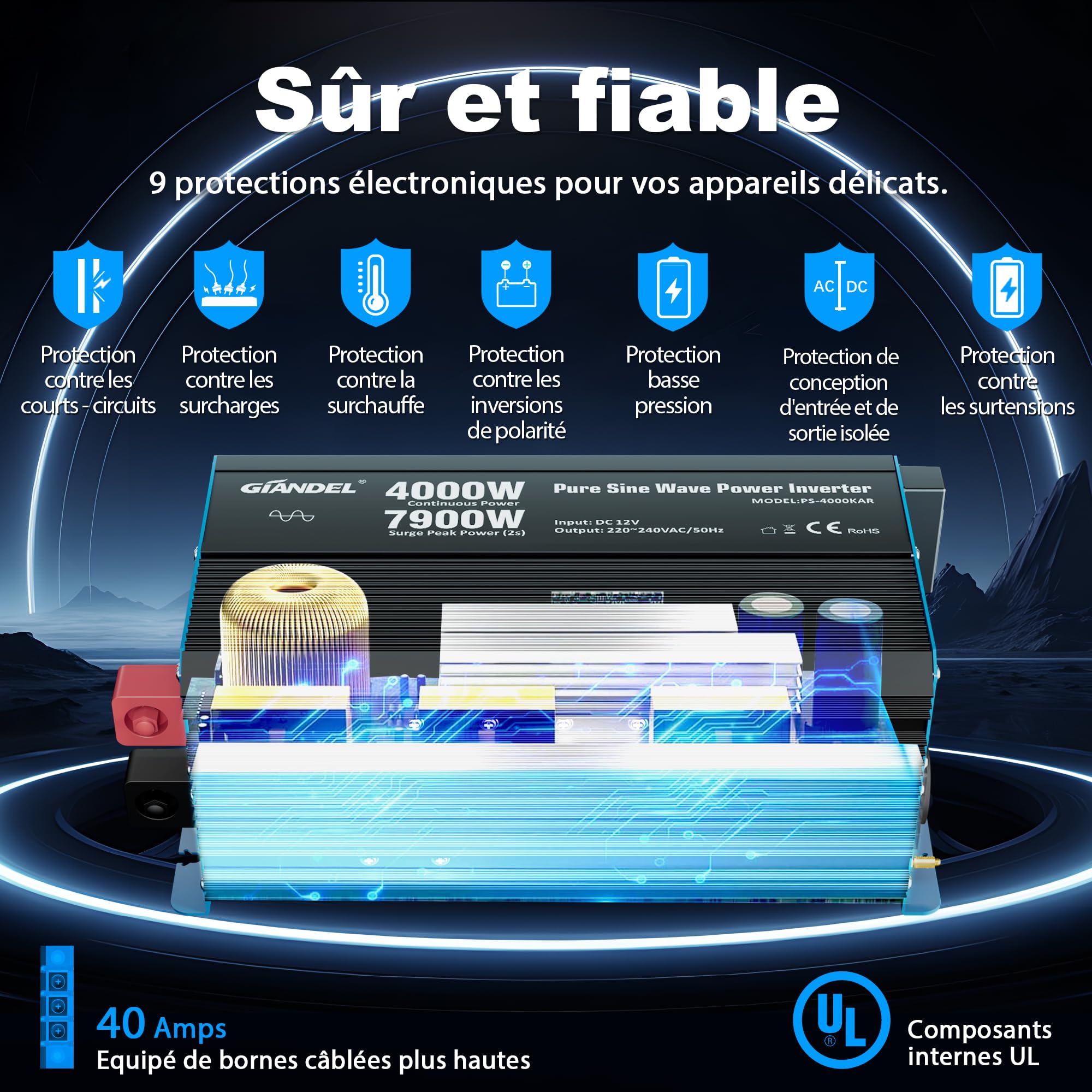 GIANDEL 4000W Convertisseur 12V 220V Pur Sinus 7900W Puissance de surtension Onduleur Onde sinusoïdale Pure Écran LCD Tension d'entrée Réglable pour la Maison, RV, Camion, Hors réseau Solaire
