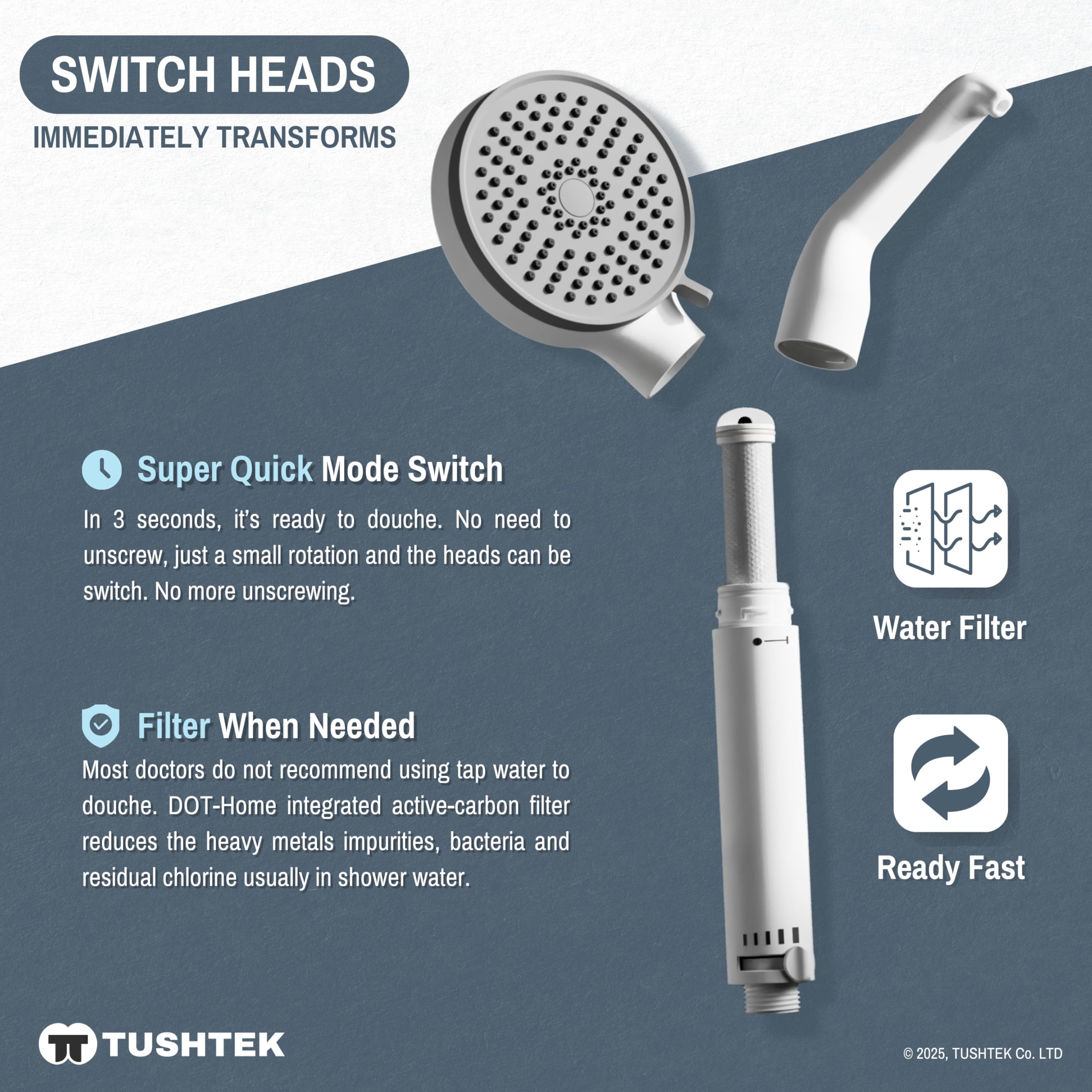 DOT-Home Filtered Shower Head - Quick-Change Handheld Bidet with Activated Carbon Filter for Gentle Intimate Hygiene