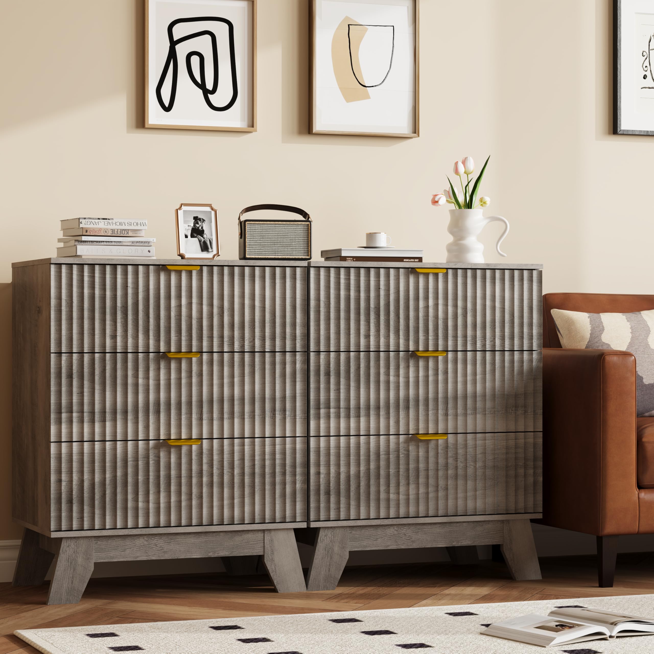 Fluted Nightstands Set of 2, Bedside Table with 3 Drawers, Grey