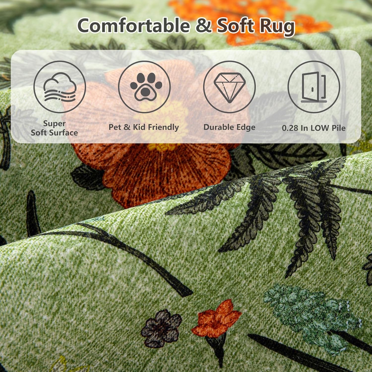 Asrug Flroal Green 3x5 Area Rugs, Non Slip Rugs for Living Room Bedroom, Indoor Throw Dining Room Rugs for Under Table Carpet for Kitchen Office, Green,3x5 Feet