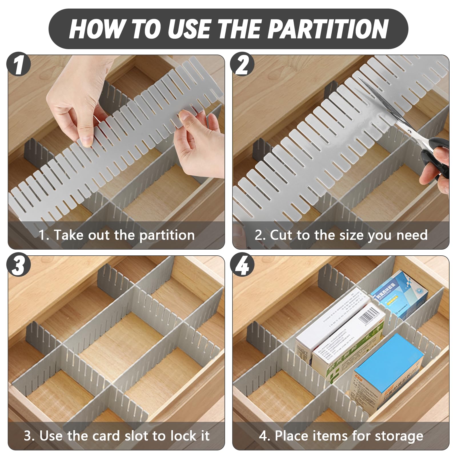 Pavlleen 24 Pezzi Separatori per Cassetti, Divisori per Cassetti Regolabili, 32 x 7cm Organizer Cassetti, Versatili Separatori in Plastica per Biancheria Intima, Calze, Forniture per Ufficio (Grigio)