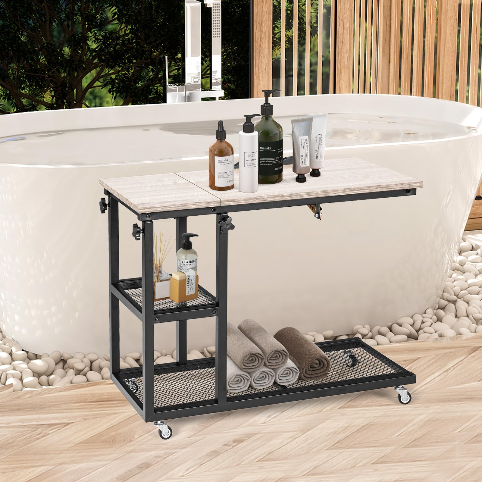 GIANTEX Mesa con Forma de C y Ruedas, Mesita de Sofá con 5 Alturas Regulables y Repisa, Móvil Industrial con Superficie Inclinable para Salón Dormitorio (Natural)