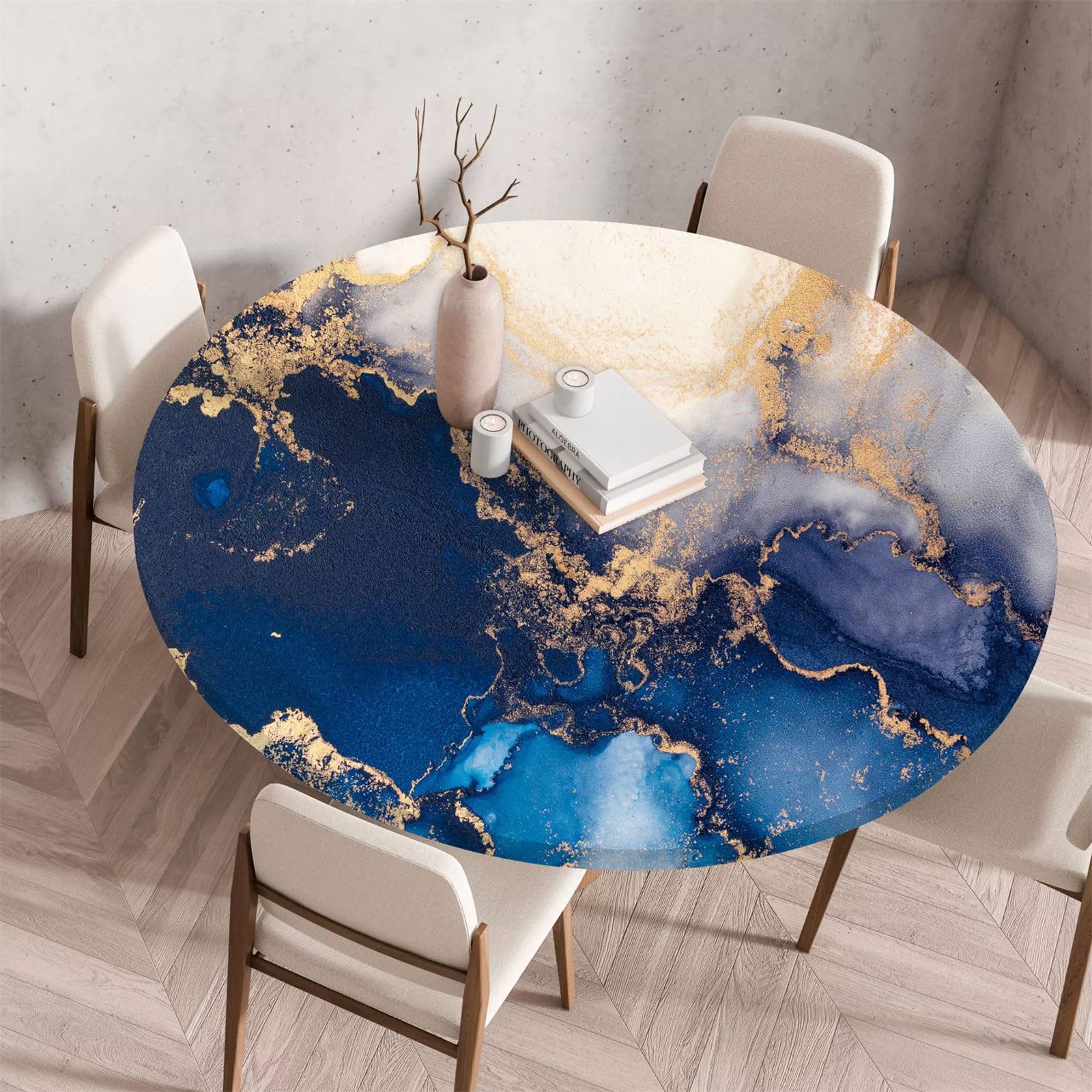 Morbuy Waterproof Round Tablecloth Elastic Edged Fitted Table Cover, Marble Stone Grain Round Fitted Tablecloth Wipe Clean Stain Resistant Table Cloth for Party (Gold + Blue,Diameter 70cm)