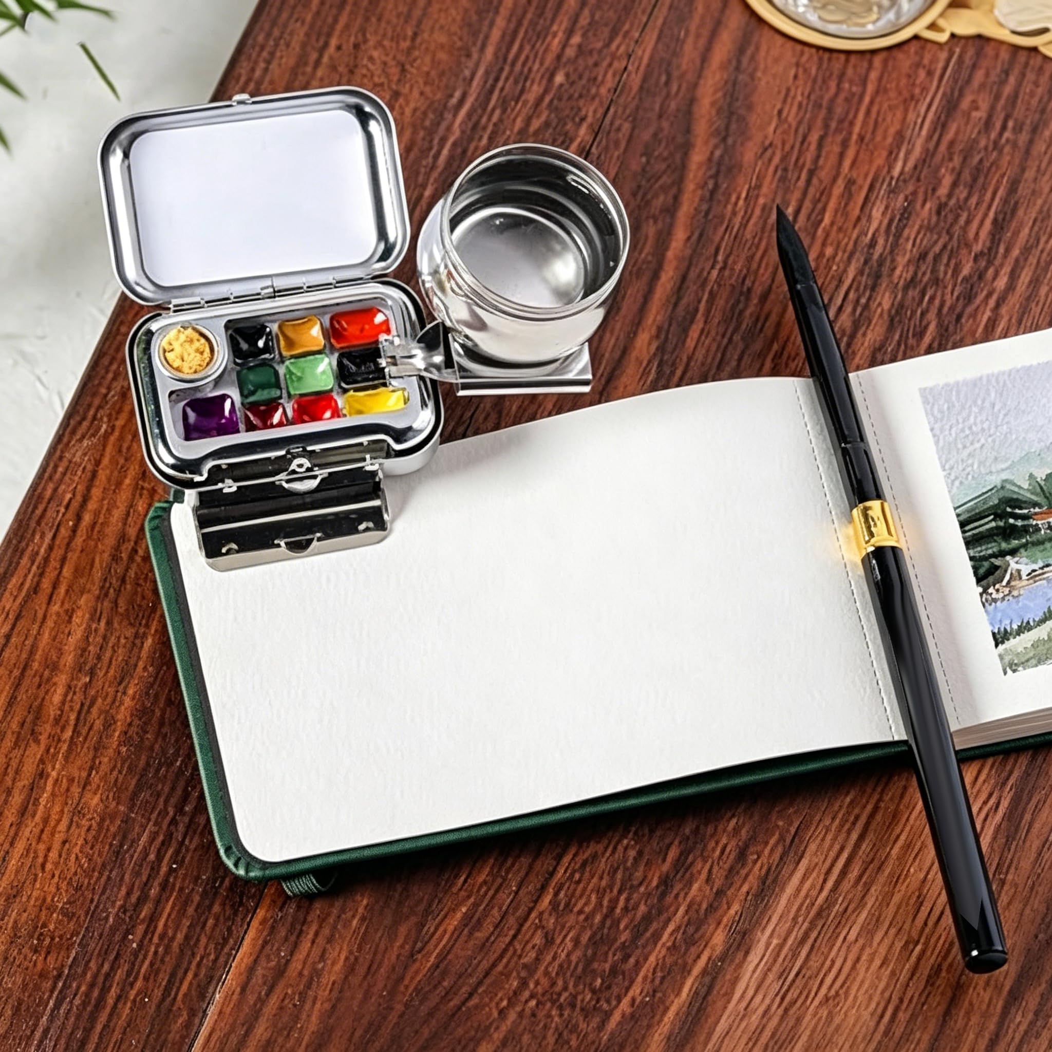 TsoLay Tragbares Aquarell-Skizzenbuch-Set, Metall Malkasten mit 10 Farben, Pinsel, Becher, Aquarellbuch, Reise-Malkit für Anfänger und Kunstbegeisterte, Kompaktes Set für Unterwegs Malerei