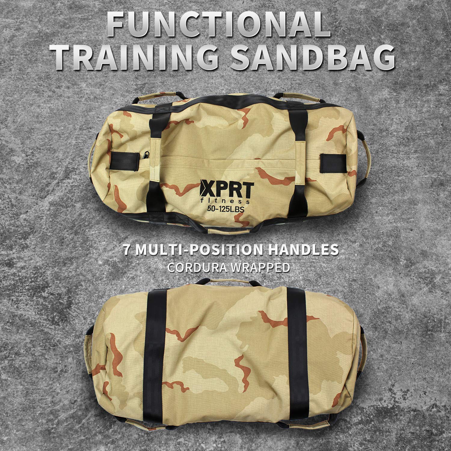 XPRT Fitness Workout-Sandsack für schweres Training, Cross-Training, 7 Multi-Positions-Griffe, Farbe: Armeegrün/Schwarz/Camo