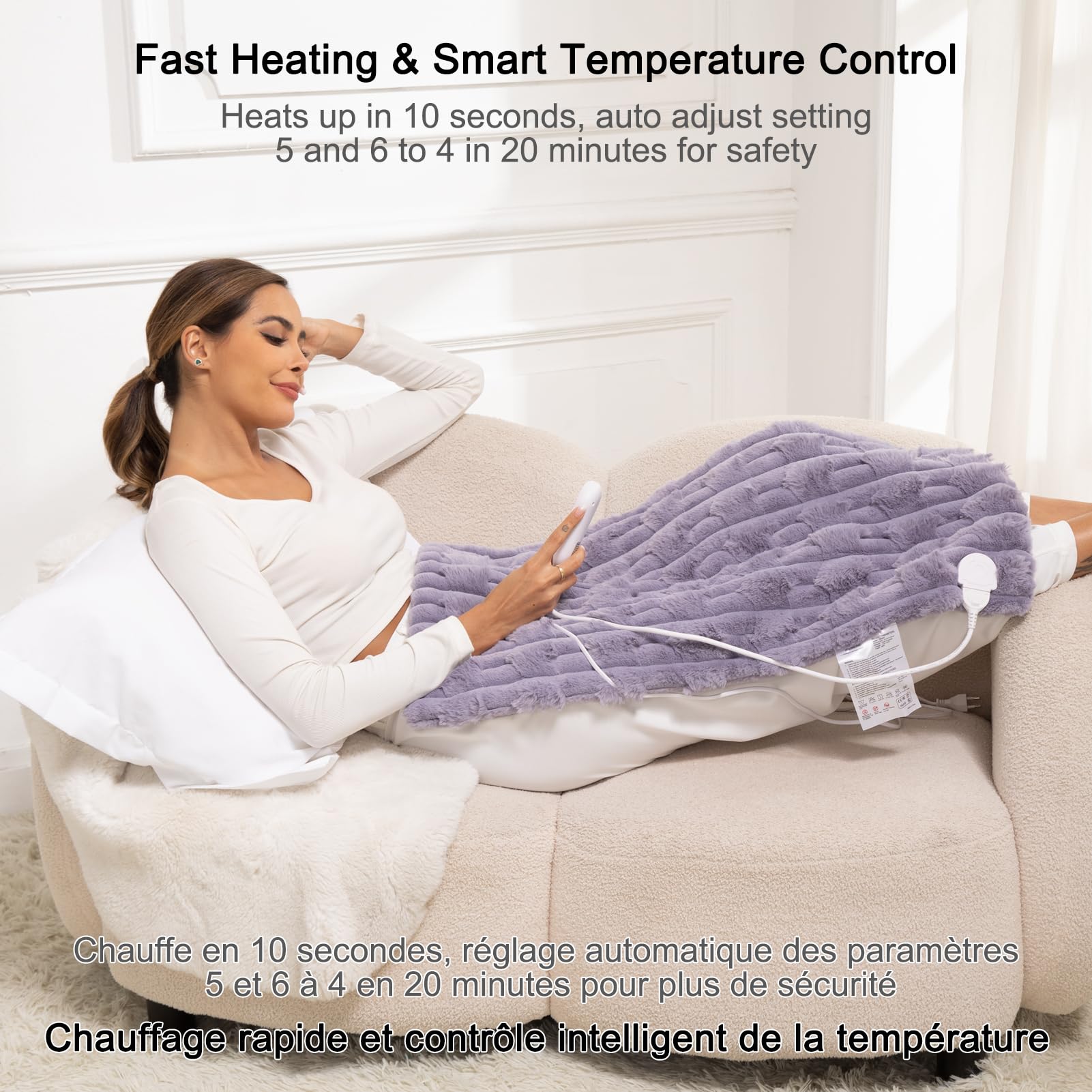 GOBRILLFUN Smart Control Heating Pad con telecomando e blocco bambini, lussuoso tappetino riscaldante elettrico per schiena, gambe, ginocchia, 6 livelli e 5 impostazioni timer, 40x80 cm (viola)