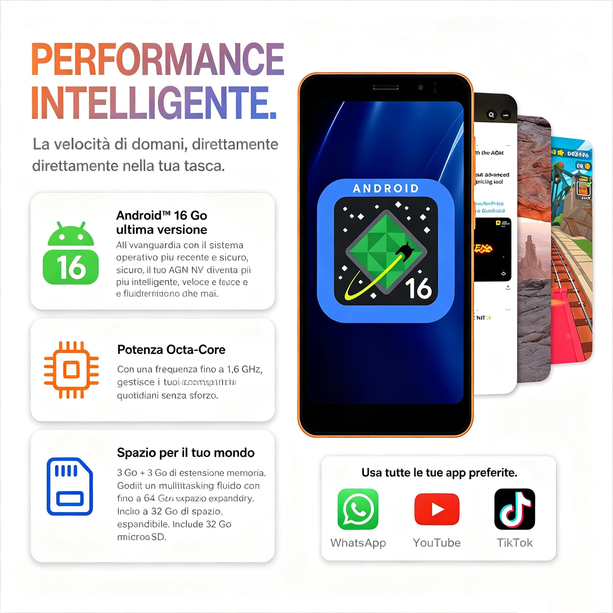 AGM N2 Mini Smartphone Android 16 3+32GB IP54 Doppia SIM Whatsapp 3000mAh | AGM N2 Mini Smartphone, Android 16 go, Schermo HD 4,96", 3GB+32GB, IP54 Doppia SIM, Batteria 3000mAh, WhatsApp, Arancione