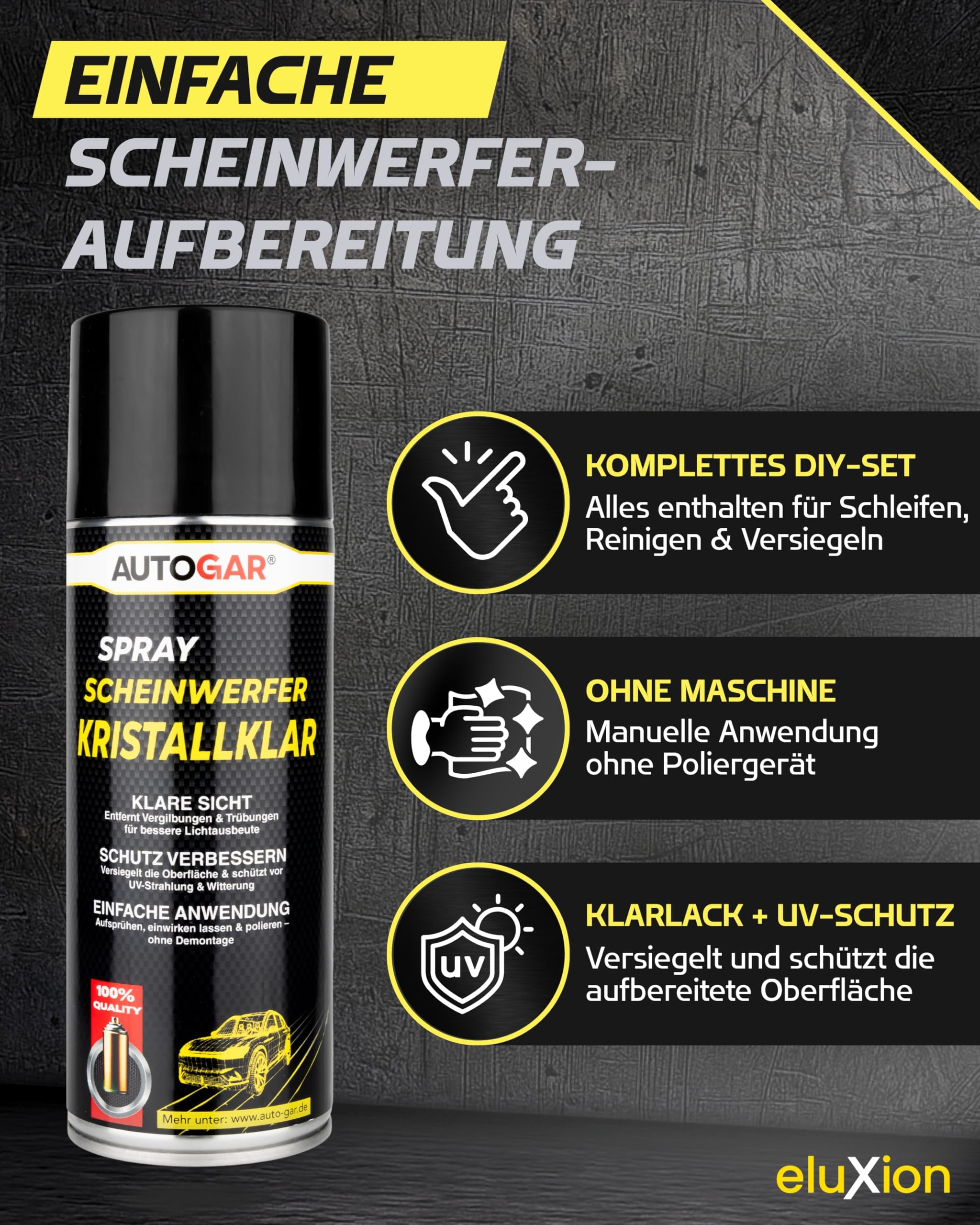 Headlight Restore Kit Pro I Scheinwerfer Aufbereitung Set ohne Maschine I DIY Komplettset mit Spezial-Klarlack-Spray I Nassschleifpapier & Zubehör für Kunststoffscheinwerfer