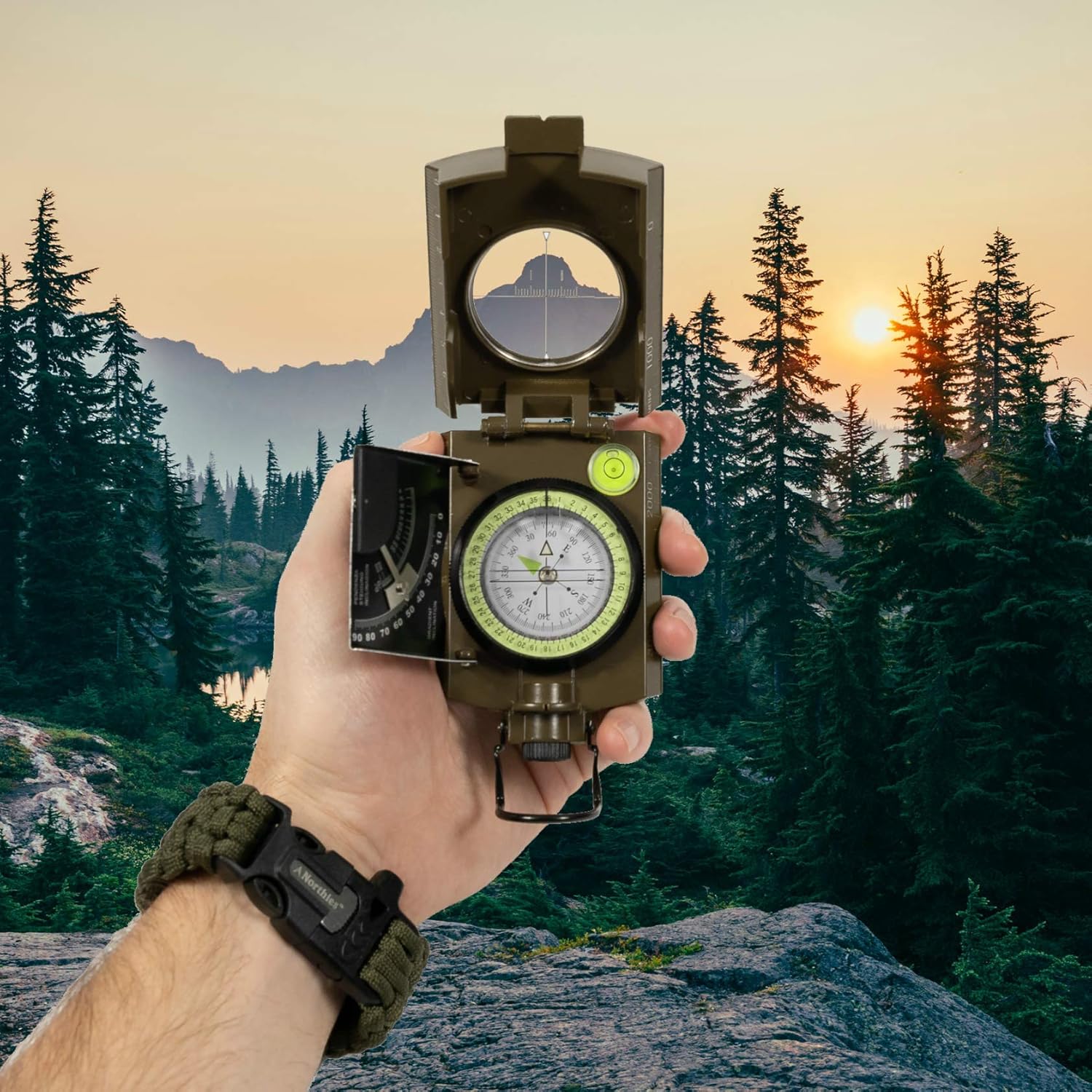 Combo Pack Military Lensatic Sighting Compass and Paracord Survival Bracelet, Fire Starter, Whistle, Aluminum Alloy, Waterproof, Carrying Bag, Tactical Outdoor Gear for Camping and Hiking