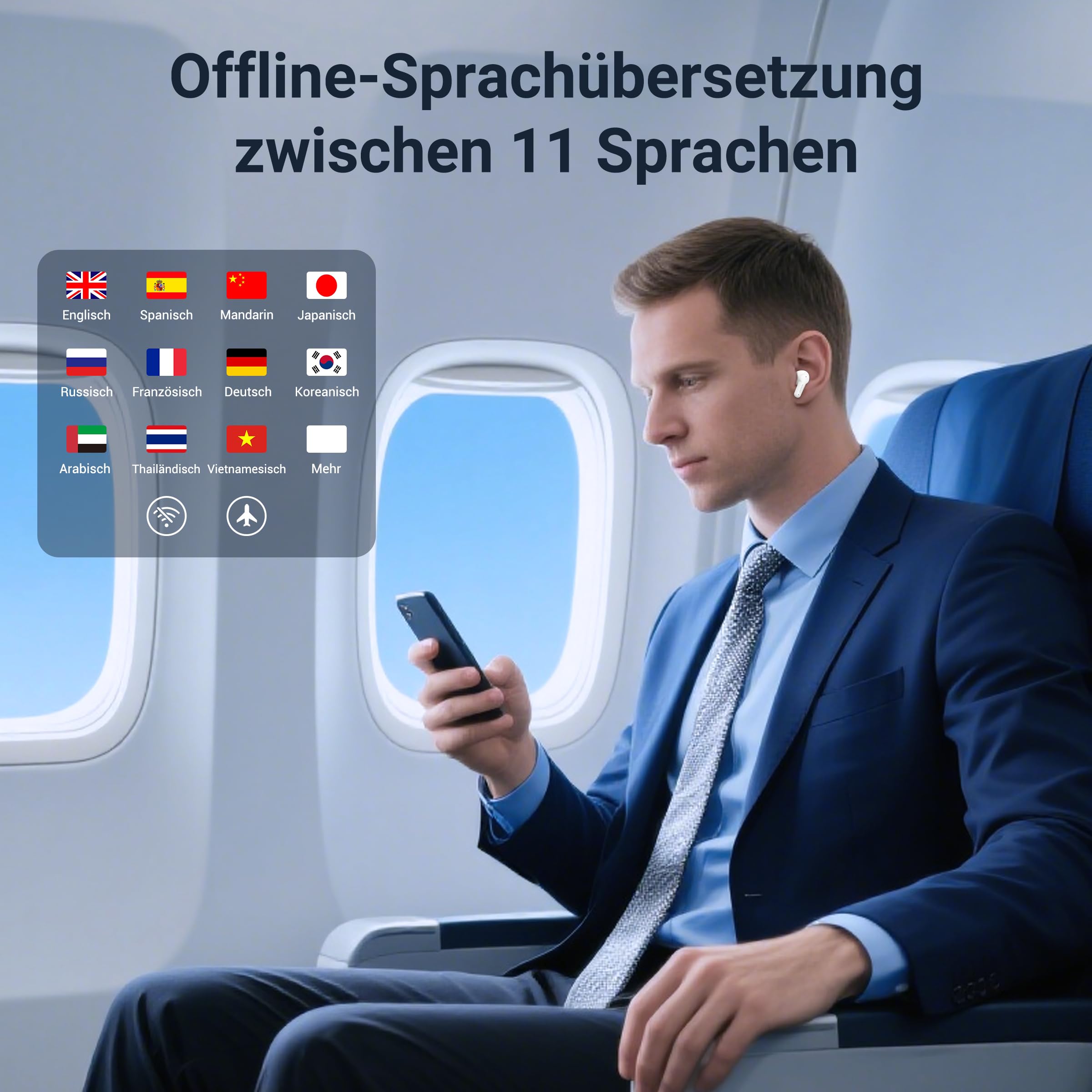 Anfier M3 KI Übersetzer Kopfhörer, 3-in-1 Echtzeit Sprachübersetzer mit 144 Online & 11 Offline Sprachen, AI Translator earbuds Weiß
