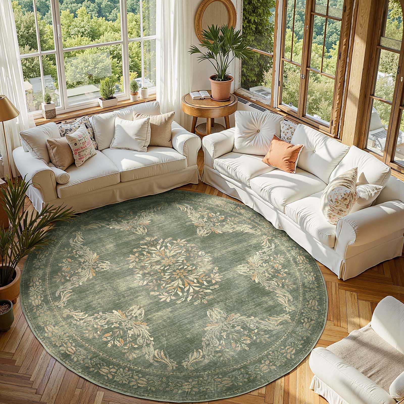 jinchan Round Rug 7ft Area Rugs,Vintage Floral Distressed Design Machine Washable Soft Non-Slip Low-Pile Ultra-Thin Circle Rug for Living Room Dining