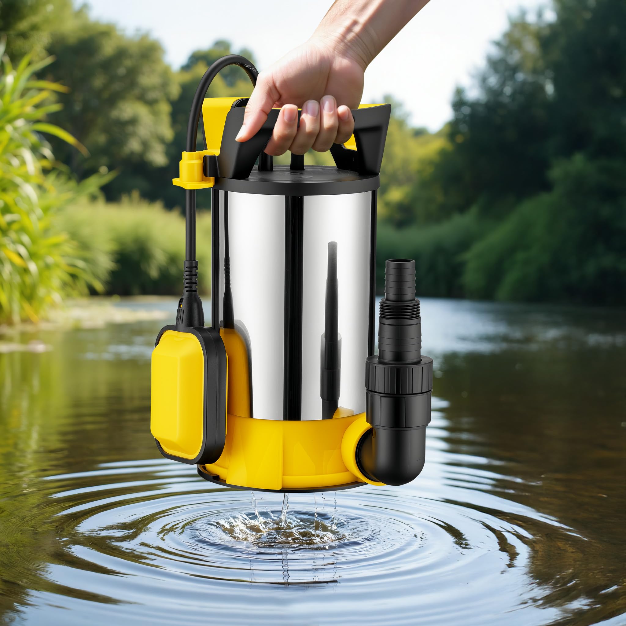 Wiltec 3 in 1 Flachsauger Tauchpumpe Edelstahl 1100 W, Schmutzwasserpumpe 18000 l/h, Flachwasserpumpe mit Schwimmer, Flachsaugpumpe für Keller