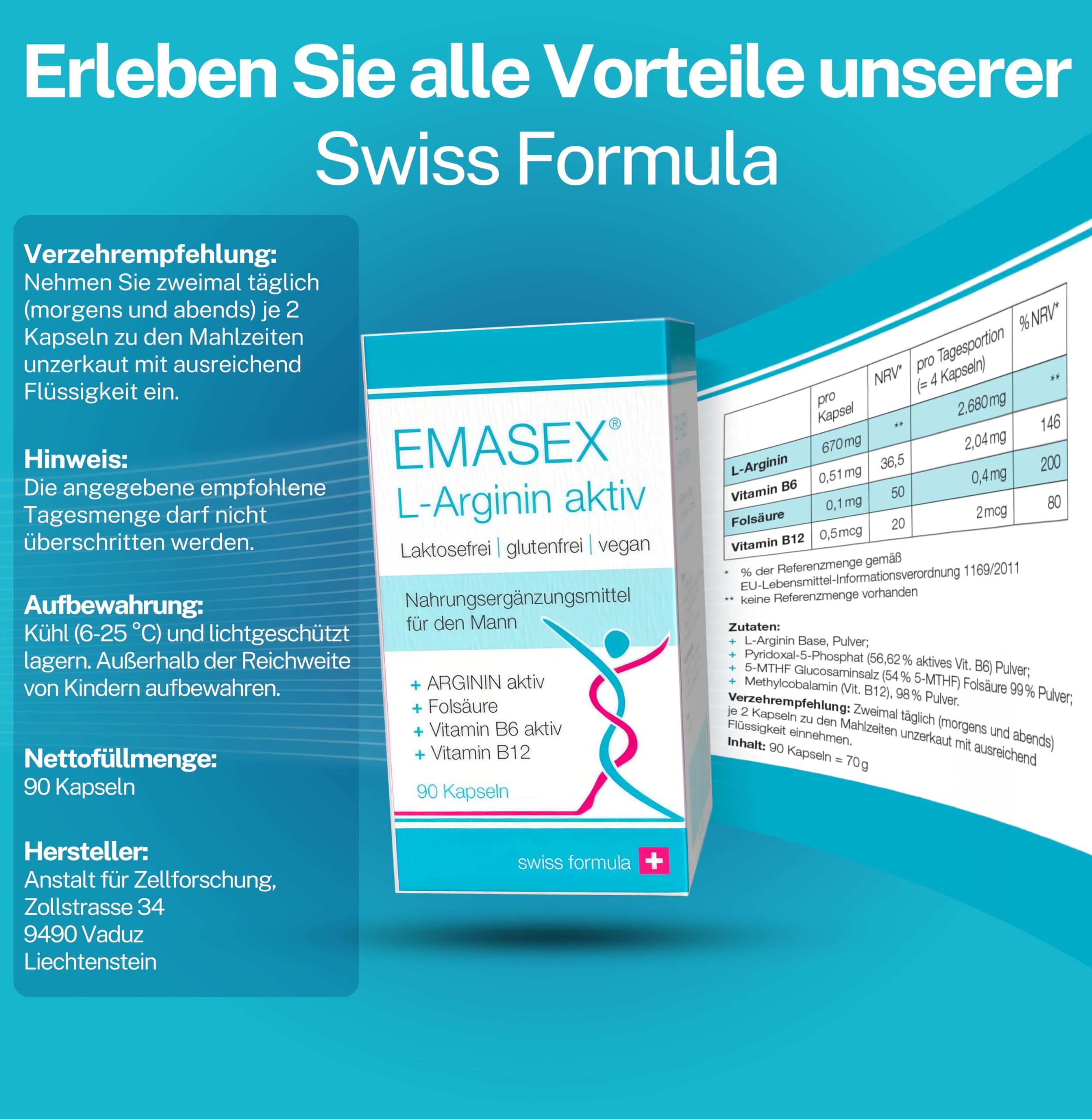 EMASEX L-Arginin bioaktiv 2680mg - Hochdosiert mit B6, B12 & Folsäure - Swiss Formula für Männer - Vegan, Durchblutung & Vitalität - 90 Kapseln
