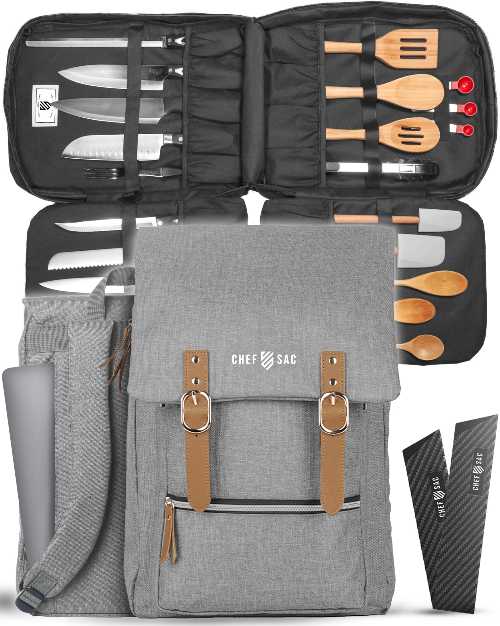 Sac à Couteaux de Chef Vintage Sac à Dos 30+ Poches pour Couteaux et Outils de Chef Étui de Transport pour Couteaux avec Poche Arrière Cachée pour Tablette Sac à Couteaux Robuste
