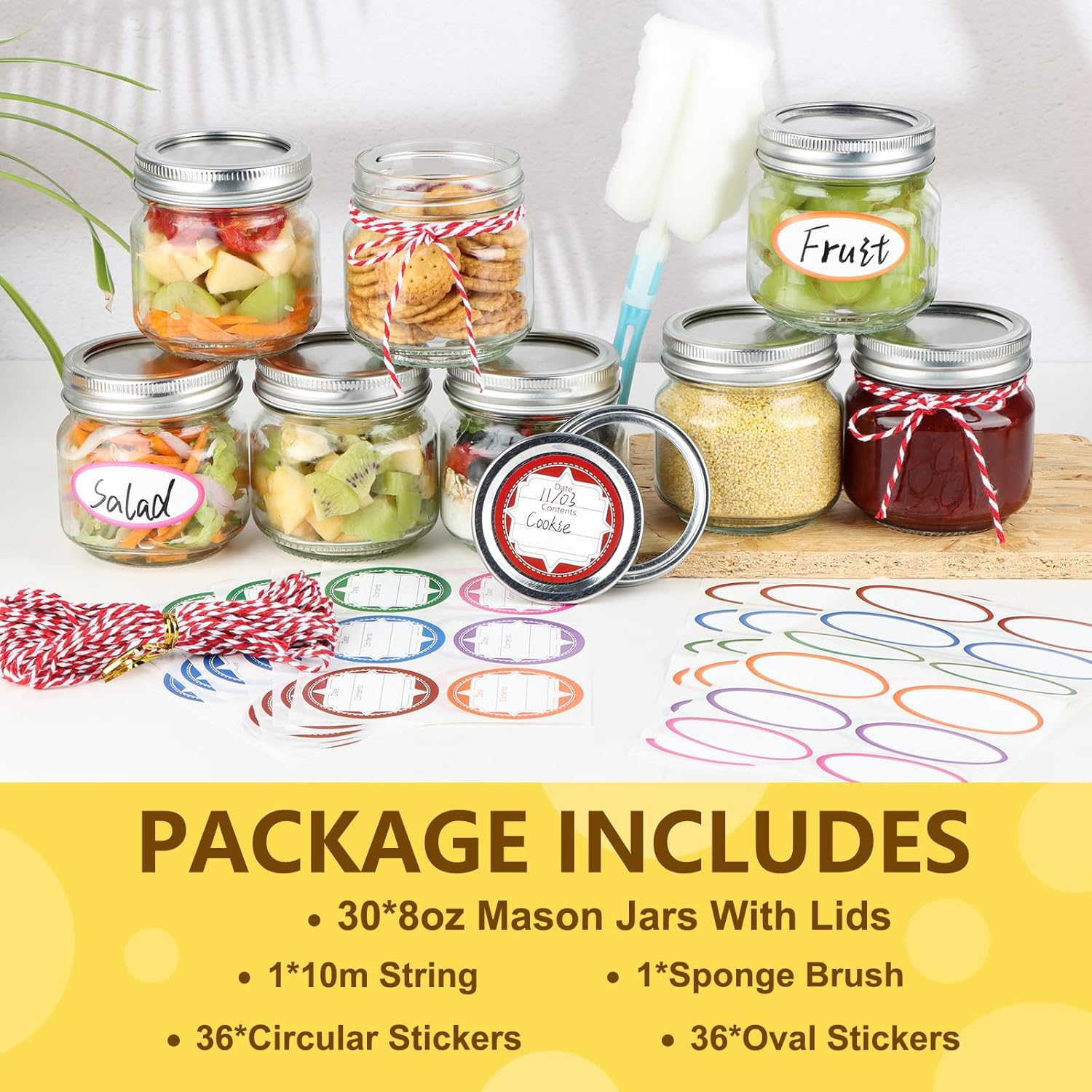 30 Pack Mason Jars 8 oz with Regular Lids and Bands, Small Mason Jars, Half Pint Canning Jars for Jelly Jam Honey DIY Crafts