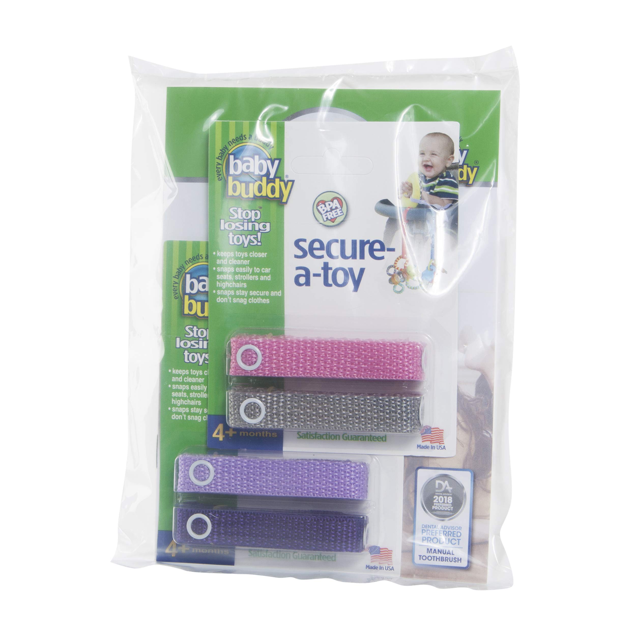 Baby Buddy Secure-A-Toy sécurise les jouets, les jouets de dentition ou la tétine à la poussette, chaise haute, siège auto, violet-lilas-rose-gris 4 pièces