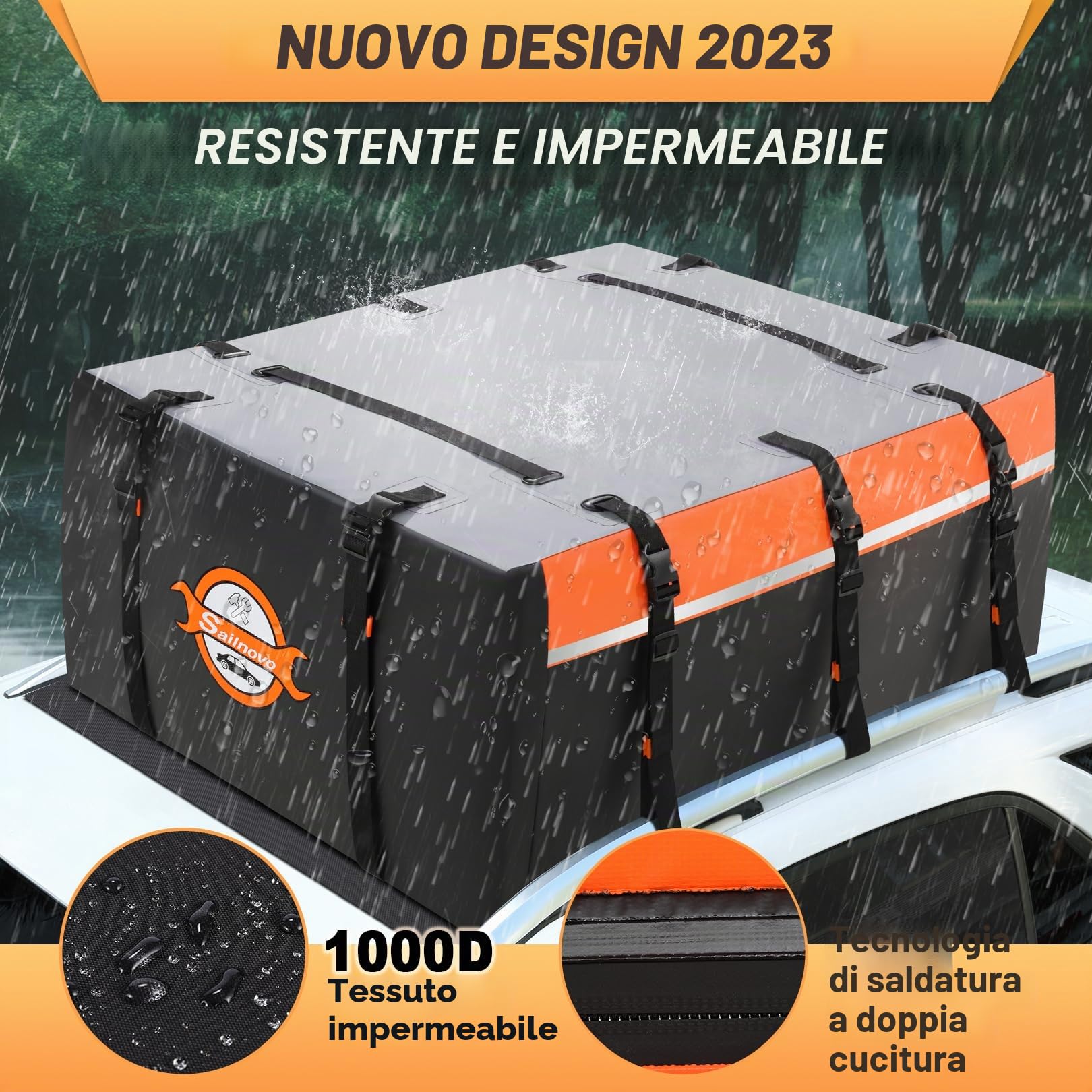 Sailnovo Box da tetto per auto, 21 piedi cubi, pieghevole, con tappetino antiscivolo, 6 ganci per porta, in PVC 1000D, per auto con/senza barra trasversale per portapacchi (arancione)