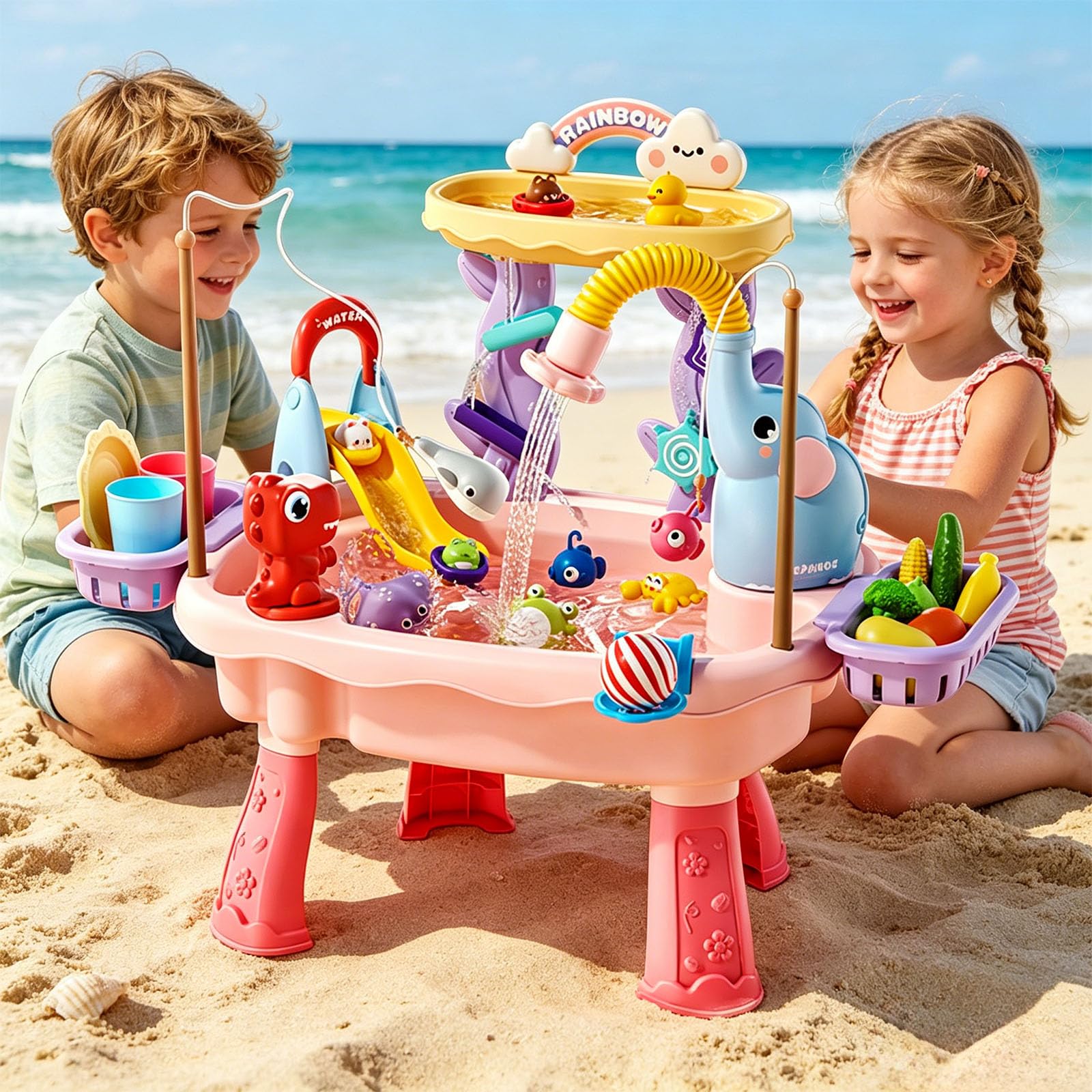 Generisch Wassertisch für Kinder Sand Wassertisch Spielzeug Großer Wassertisch Wasserspielzeug Rutsche und Angelspielen Outdoor Strandspieltisch Sinnesspielzeug für Jungen Mädchen