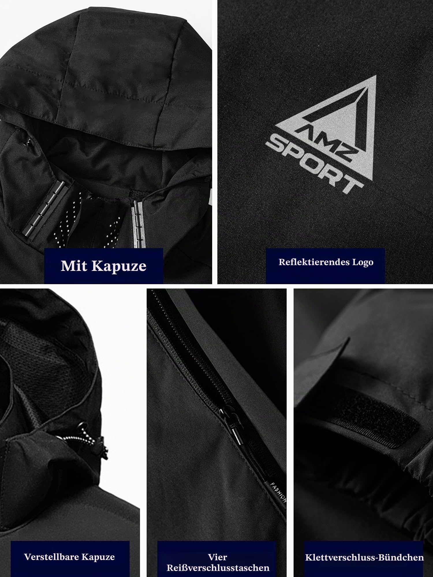 AMZSPORT Regenjacke Herren Winddichte Jacke Mit Kapuze Wasserdicht Leicht Packbar Atmungsaktiv für Outdoor, Laufen, Reisen,Wandern