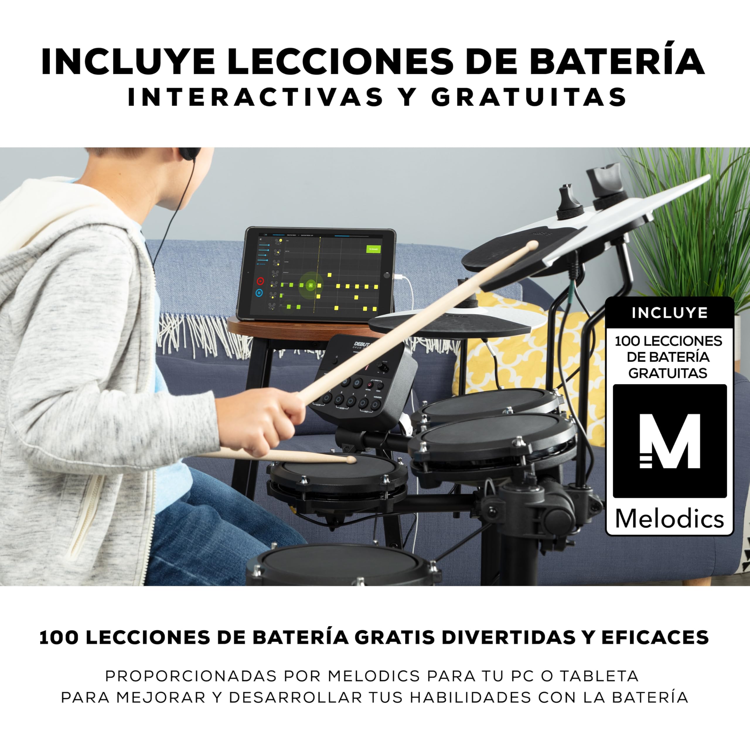 Alesis Debut Kit - Batería electrónica infantil con 4 parches de malla, 120 sonidos, 100 lecciones, taburete, baquetas, llave de batería y auriculares