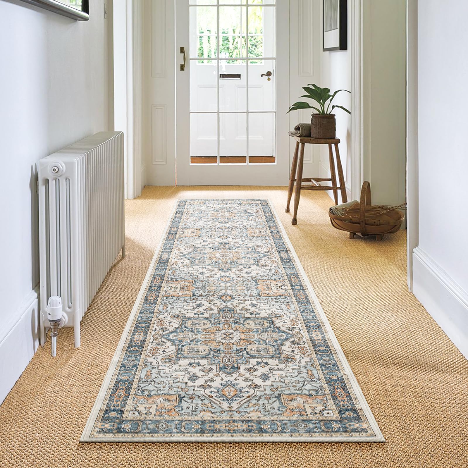 Carvapet Alfombras de Pasillo Larga 60x240cm Alfombra Corredor Antideslizante Azul Alfombras de área Lavable Suave Microfibra Medallón Vintage Alfombra Comedor Pasillo