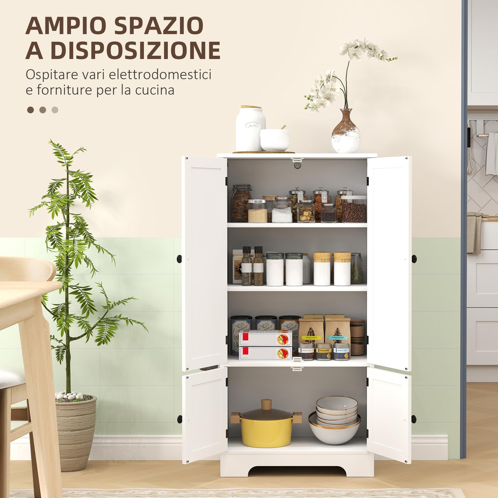 HOMCOM Credenza da Cucina a 4 Ante con 2 Armadietti, Mobile da Soggiorno e Salotto con Ripiano Regolabile e Dispositivo Antiribaltamento, 58.2x30x123 cm, Bianco