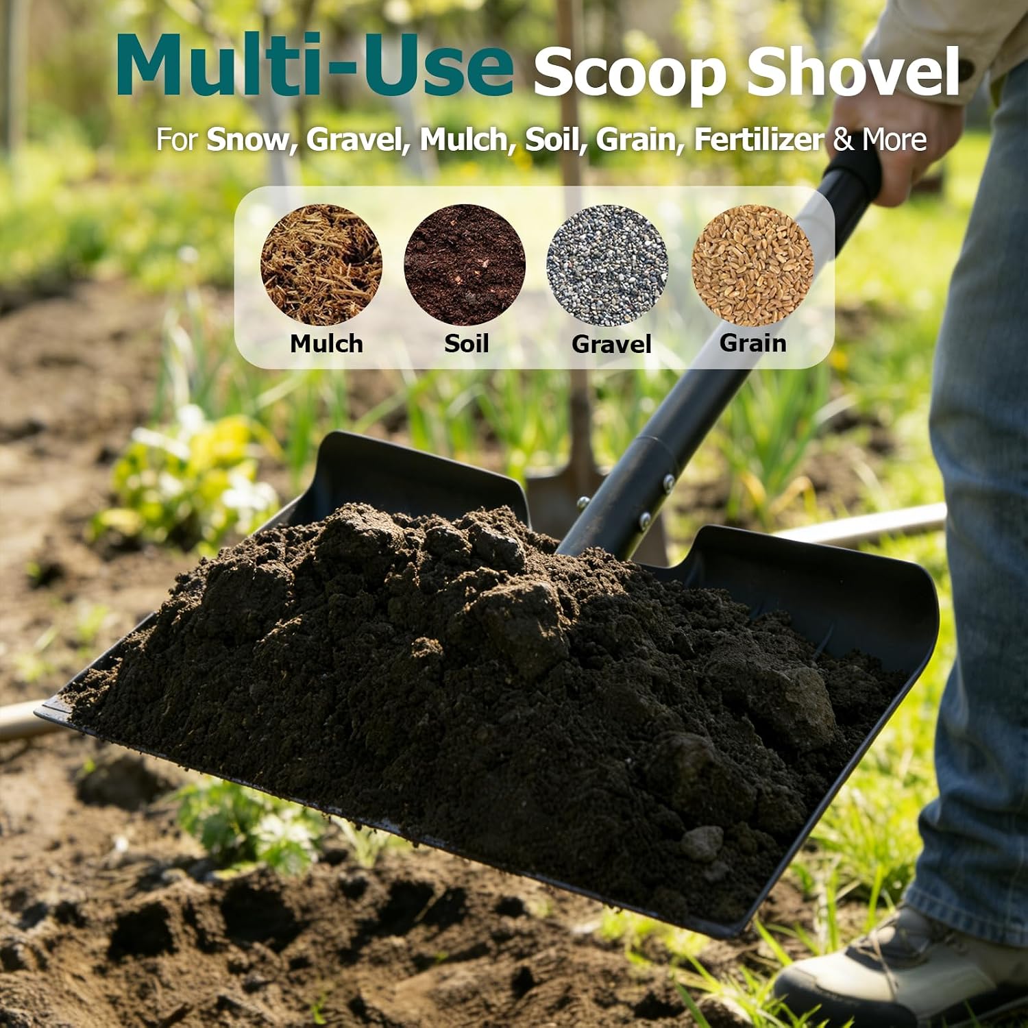 16" Wide Metal Snow Shovel, Heavy Duty Snow Shovel with Long Adjustable 38-64" Handle, Collapsible Portable Steel Snow Removal Scoop with Anti-Freeze Foam for Driveway, Car, Also for Mulch Soil Grain