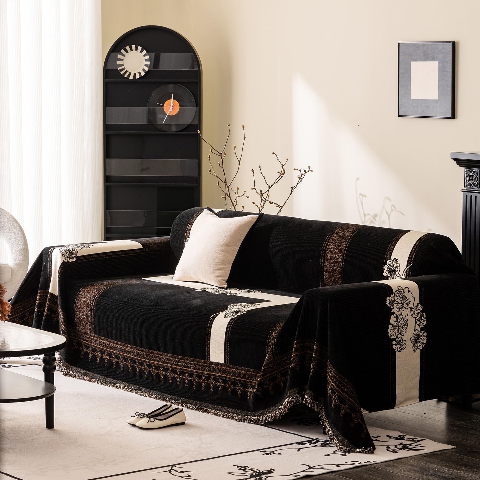 DREAMINGO Vintage Chenille Couch Cover Floral Jacquard Furniture Cover for 3 Seater Sofa Washable Couch Protector for Dogs Cats Non Slip Sectional Sofa Slipcover 71"x134", Black — image 1