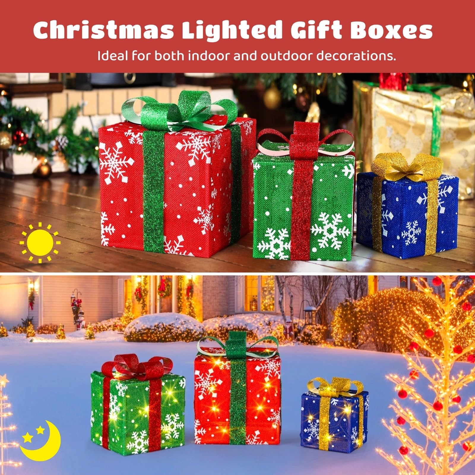 Set di 3 scatole regalo illuminate per Natale, decorazioni natalizie illuminate a LED con fiocchi, perfette per uso interno ed esterno
