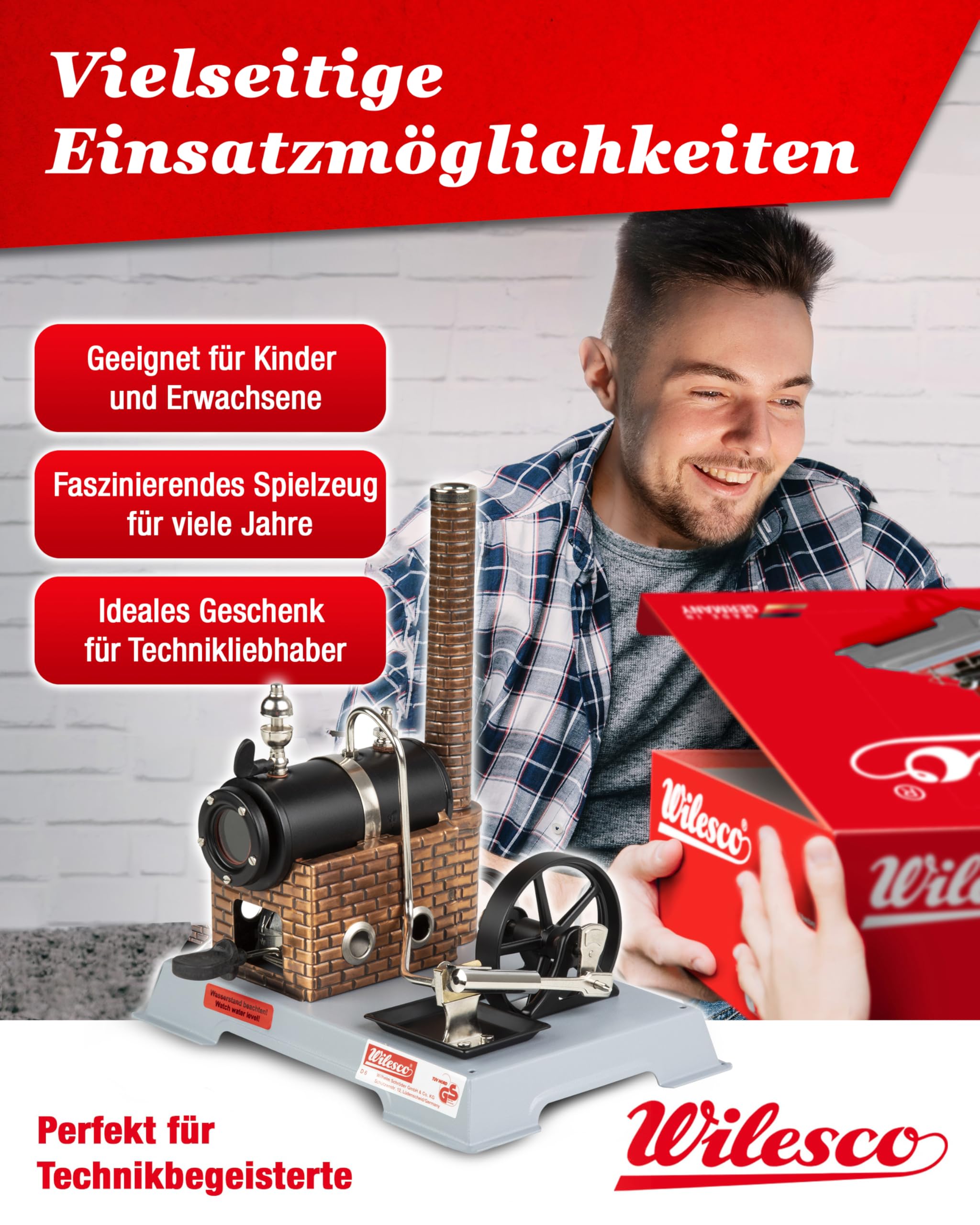 Wilesco Dampfmaschine D6 - Klassisches Design für Kinder ab 8+ Jahren und Technikbegeisterte, mit hochglanzpolierten und vernickelten Messingteilen, umfangreichem Zubehör