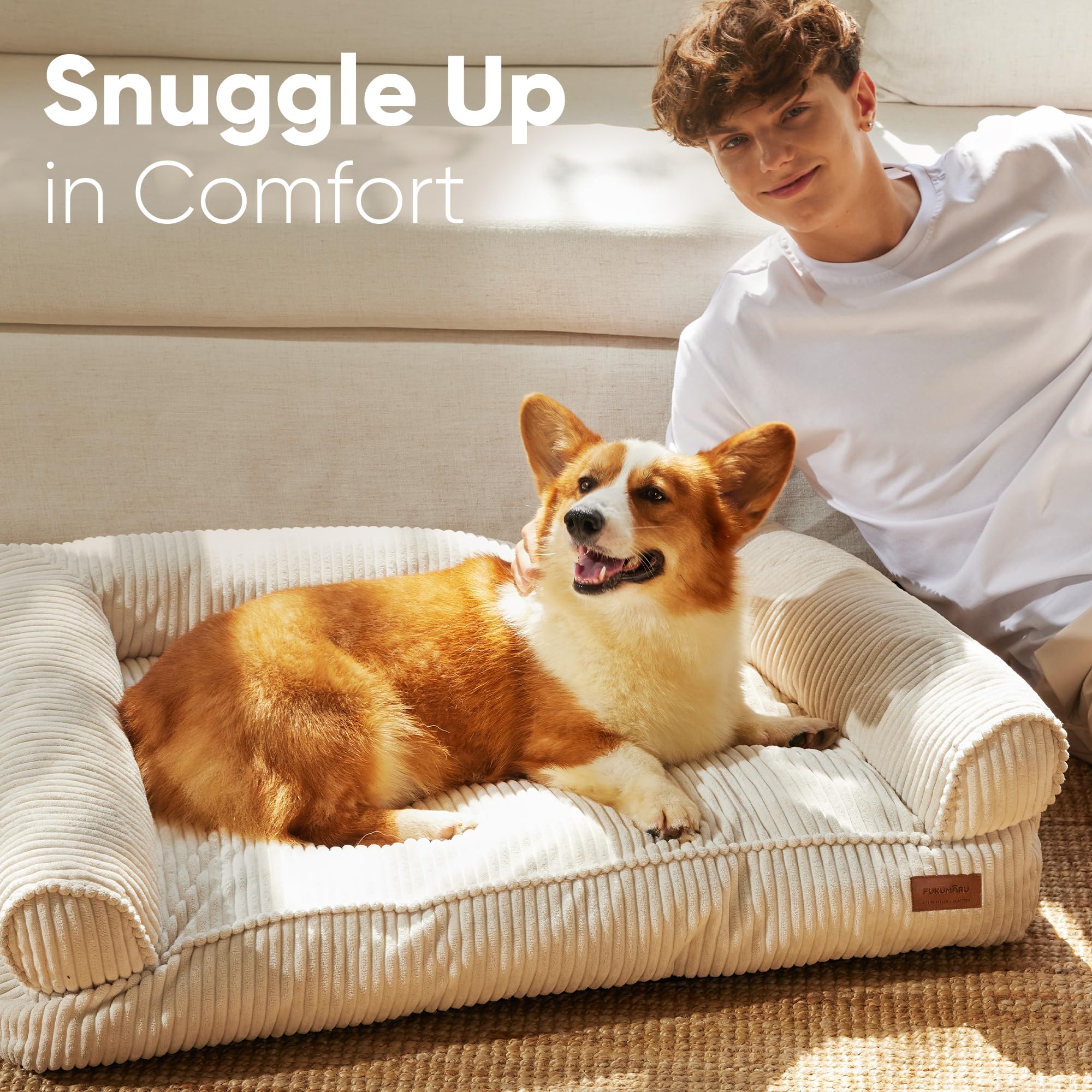 FUKUMARU Cat Couch Bed, Corduroy Cozy Cat Bed for Indoor Cats with Removable Washable Cover, Supportive Anti-Slip Dog Beds Sofa for Small Dogs Cute, 27inch, Medium, Cream