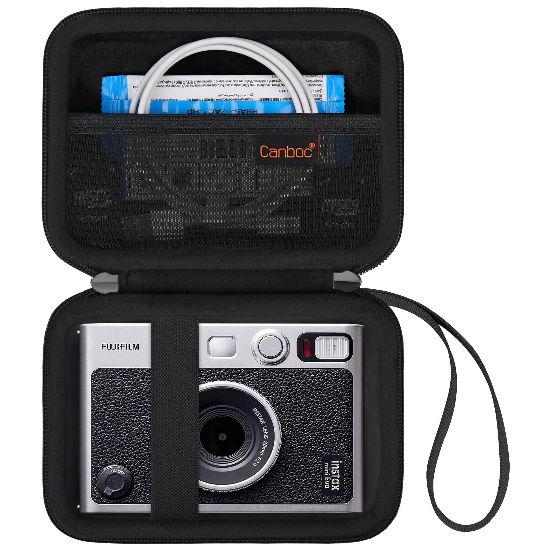 Canboc Carrying Case for Fujifilm Instax Mini EVO Instant Camera, Mesh Pocket fit Instax Mini Instant Film and Cable, Black