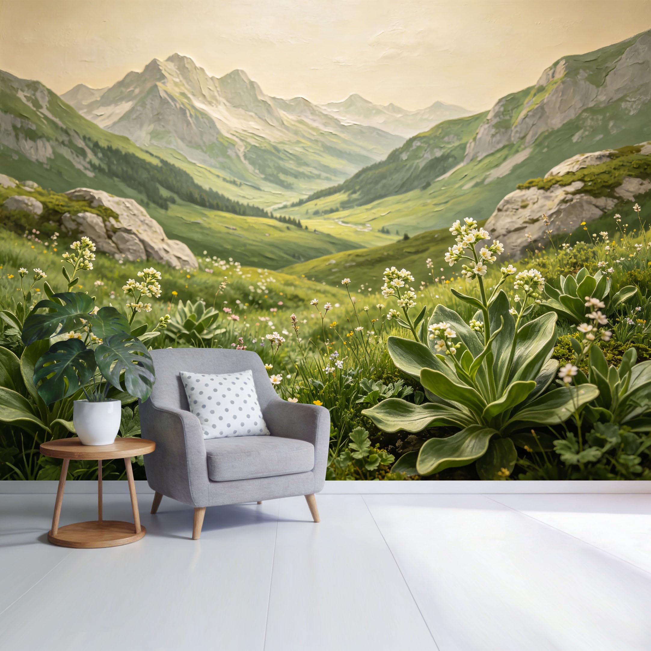 Custom Size Wall Mural Mountain Valley Landscape with Alpine Wildflowers Green Meadow Scenic View SelfAdhesive Wall Fabric Removable Wallpaper for Home Office Decor