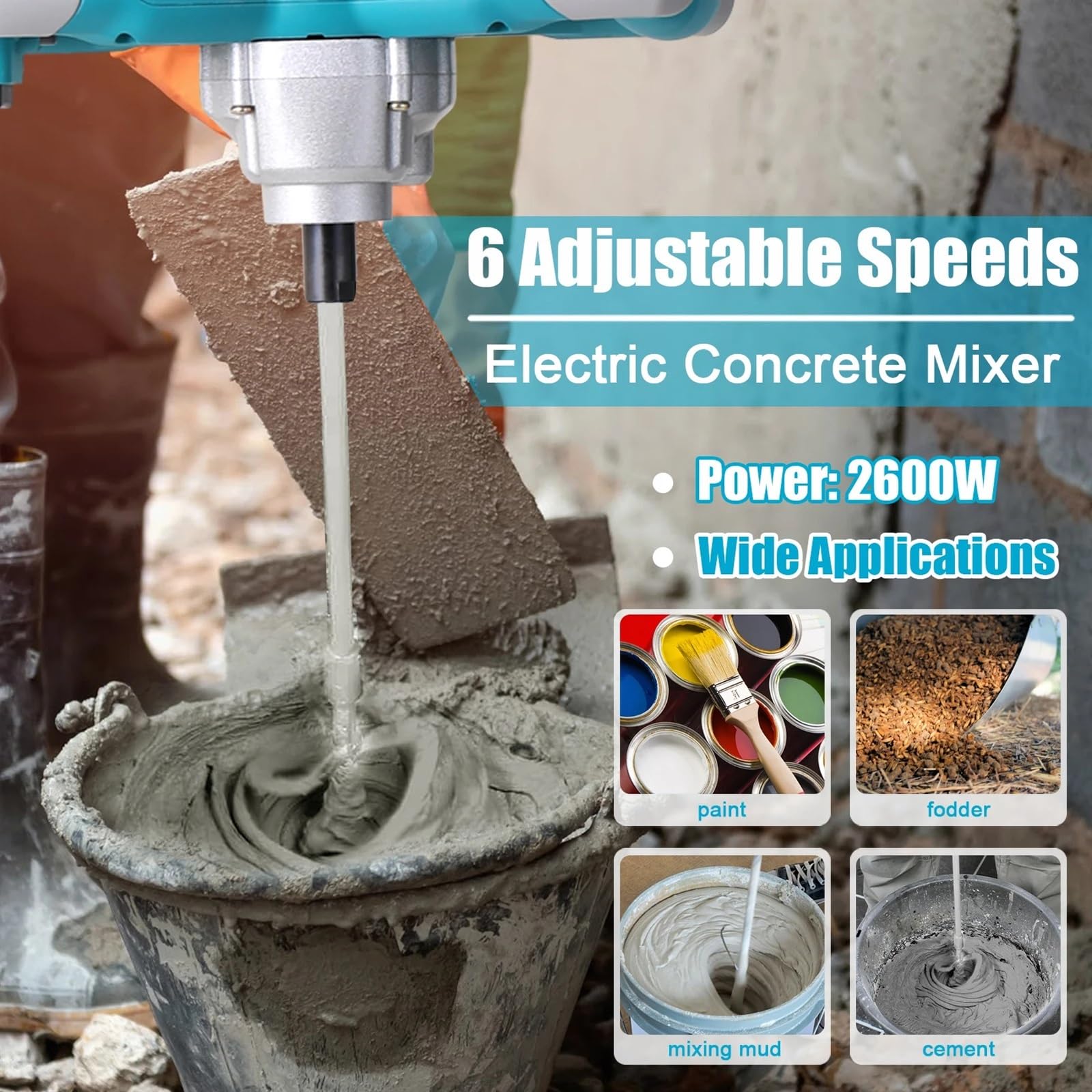 Mezclador de concreto eléctrico portátil 2400 W, mezclador cemento mano 6 velocidades ajustable, herramienta for mezclar mortero y lechada
