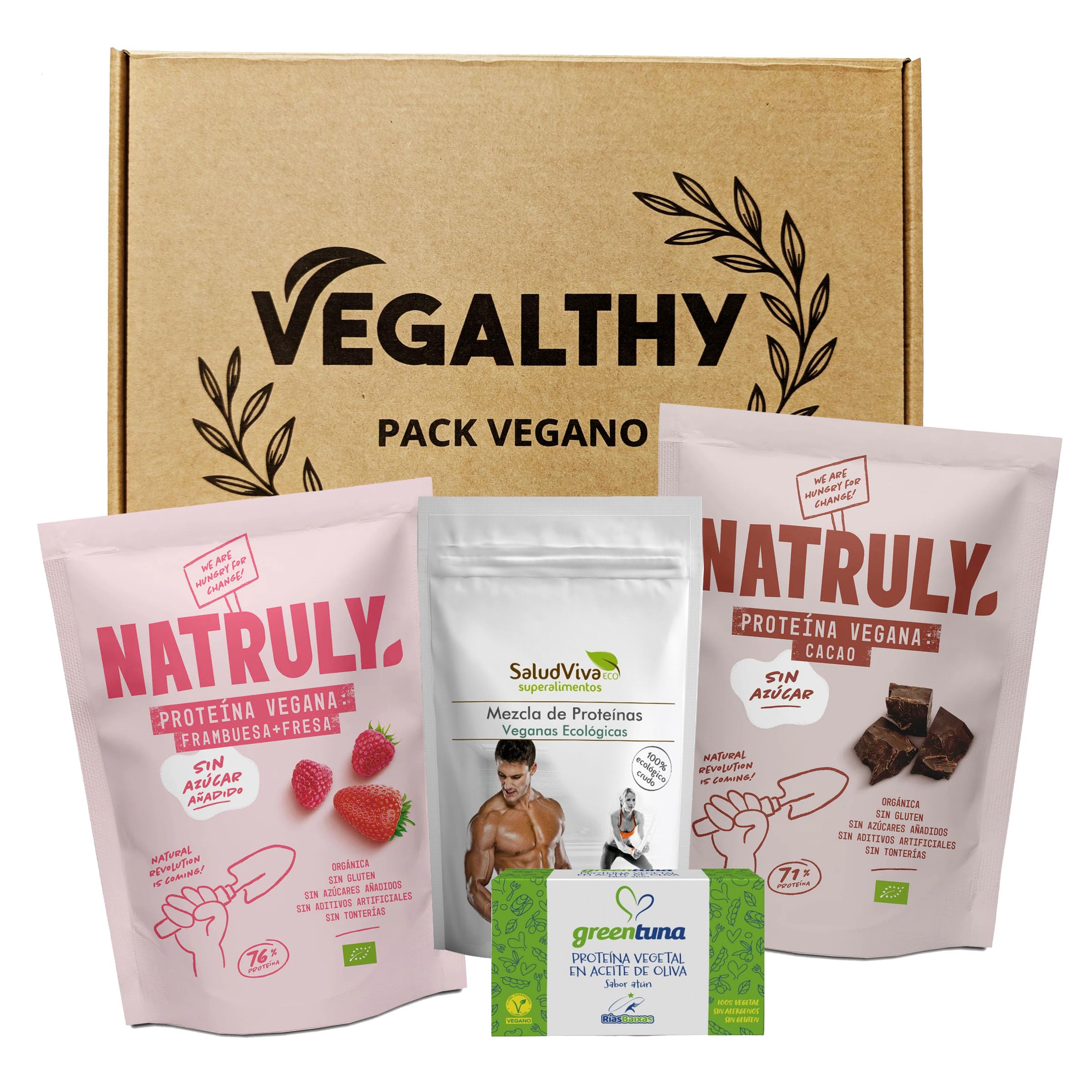 Pack de Proteínas Veganas – 4 Unidades – NATRULY Cacao BIO 350g, Frambuesa BIO 350g, Salud Viva Mix 250g, GREENTUNA Atún Vegano en Aceite de Oliva